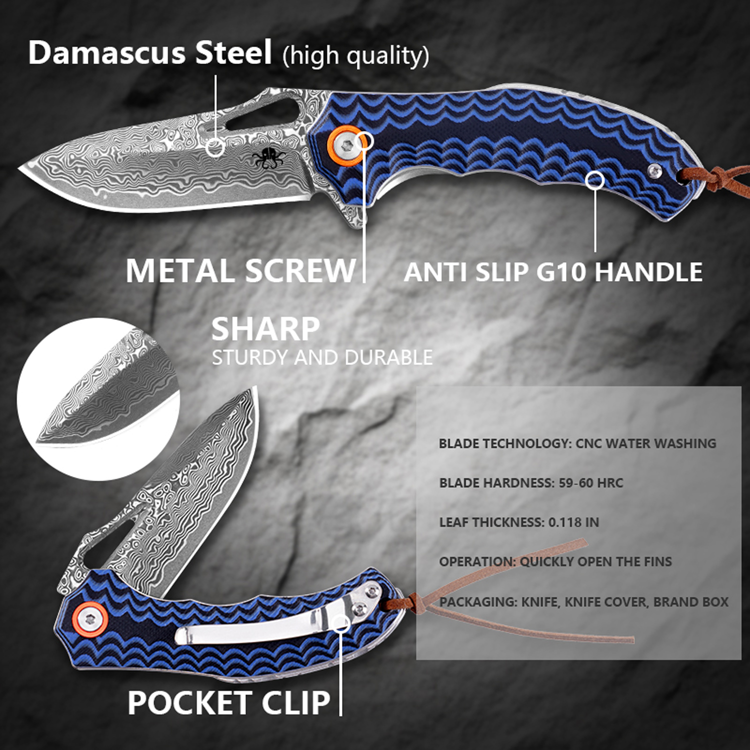 Klaken Knives - J345-BL-DAM - Tideborn - Folding Knife - Damascus Damascus Spear Point - G10 - Blue - Image 3