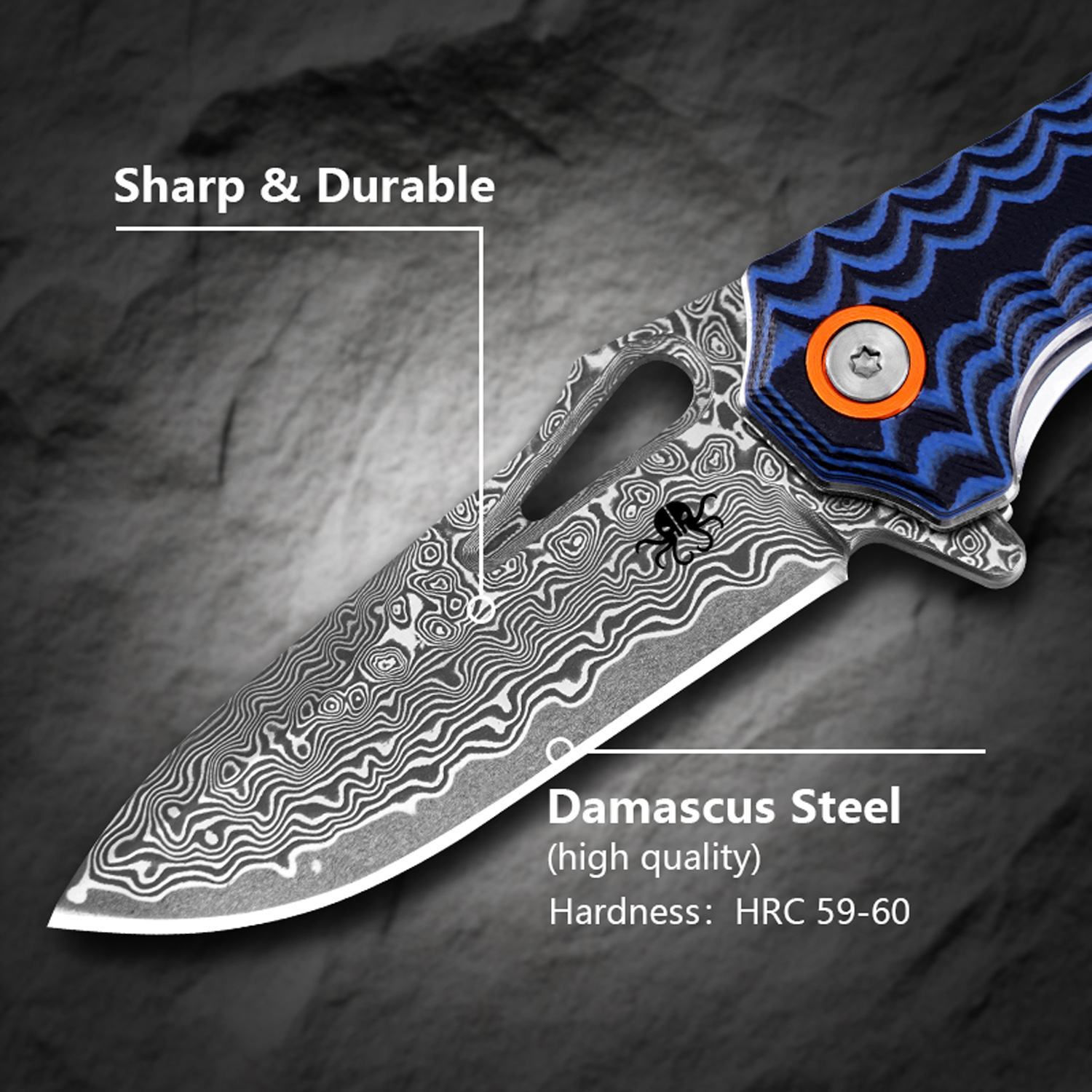 Klaken Knives - J345-BL-DAM - Tideborn - Folding Knife - Damascus Damascus Spear Point - G10 - Blue - Image 8