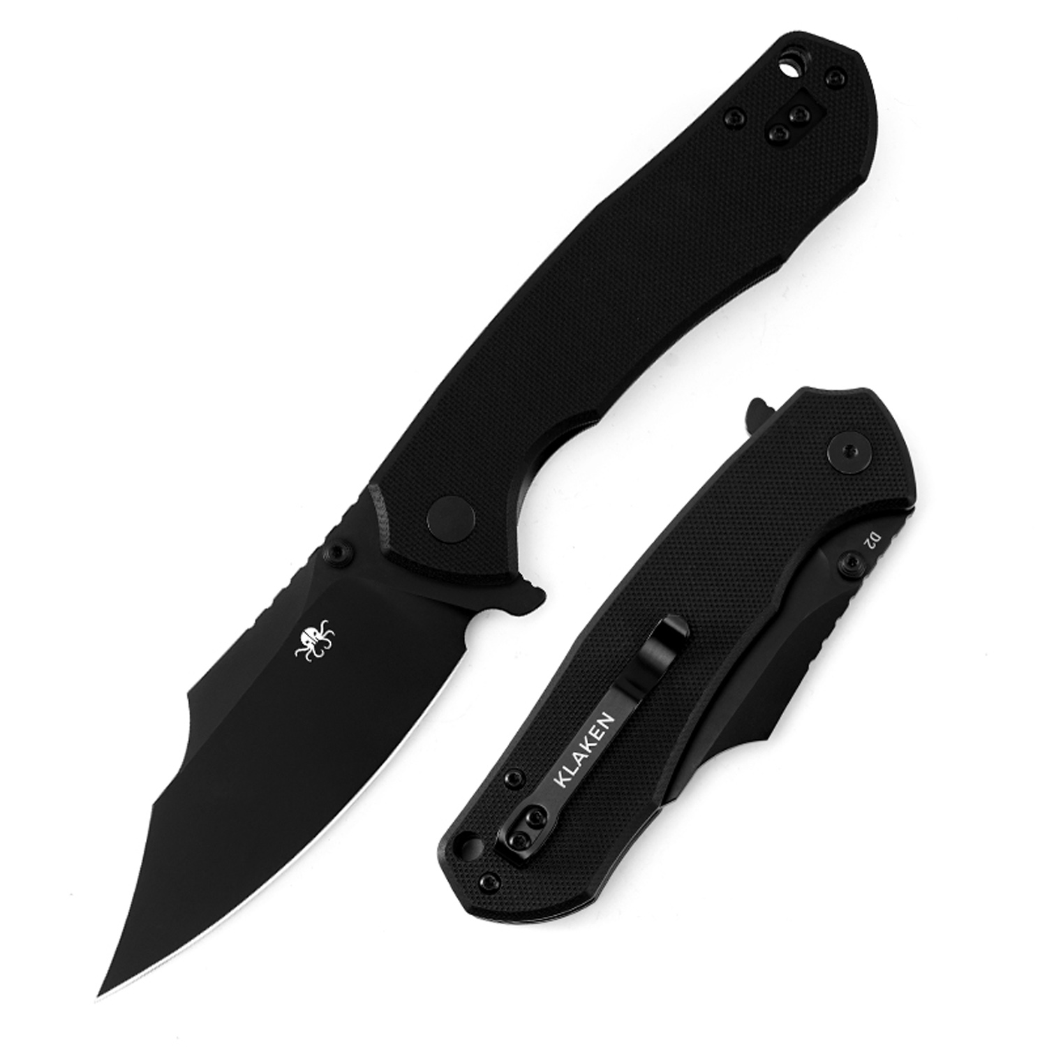 Klaken Knives - K01-BK-BK - Specter - Folding Knife - D2 Coated Clip Point - G10 - Black