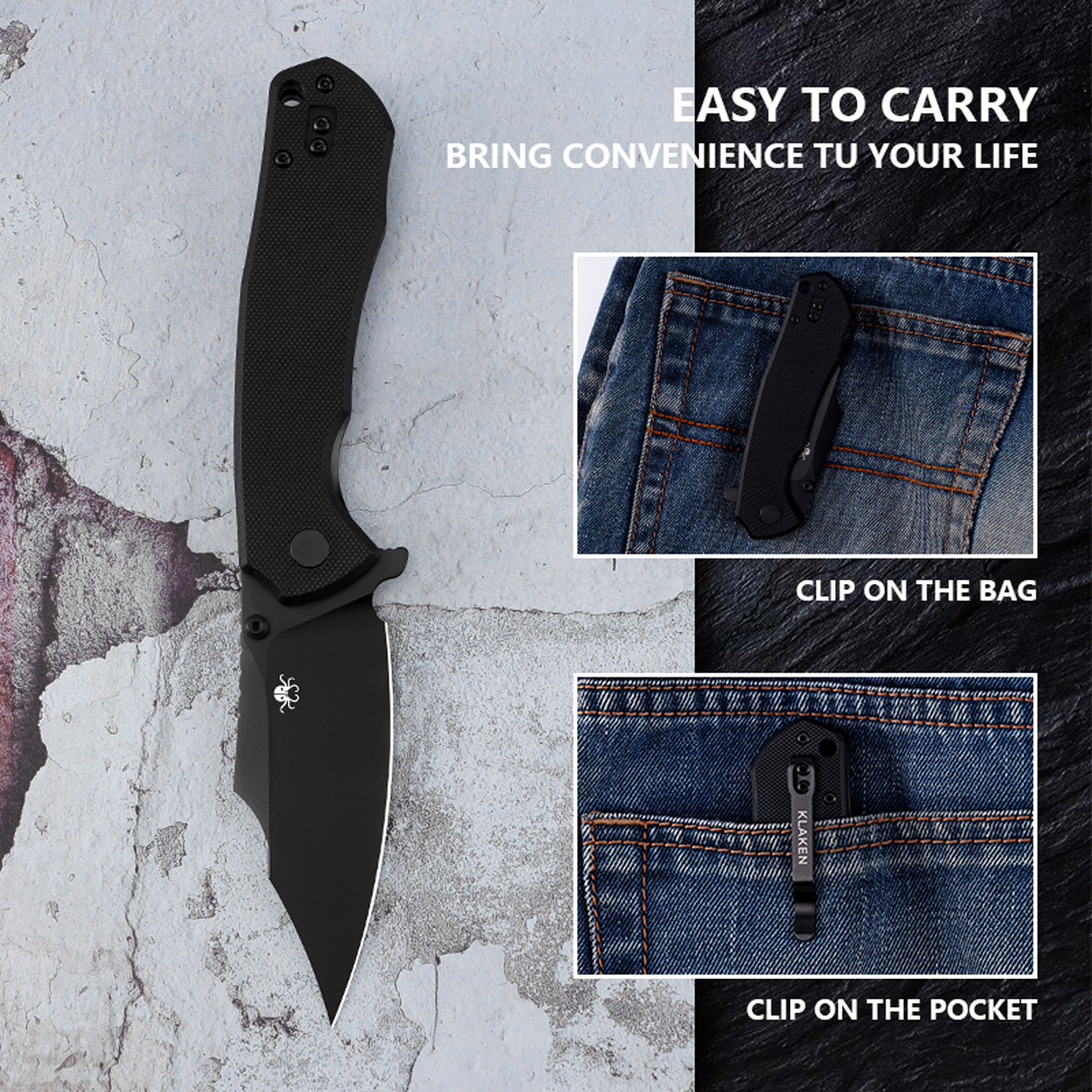 Klaken Knives - K01-BK-BK - Specter - Folding Knife - D2 Coated Clip Point - G10 - Black - Image 7
