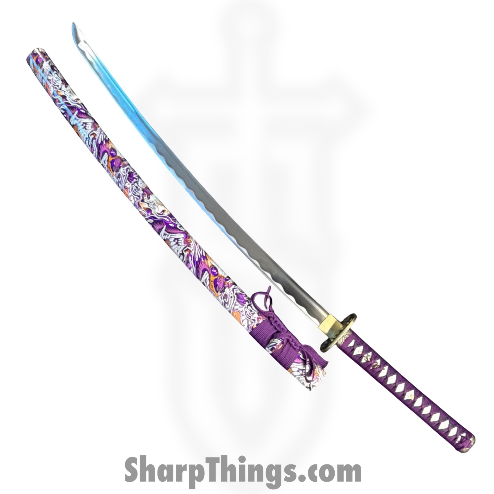 Onikiri - KON47 - 41in Handmade Lotus Katana - Fixed Blade Knife - 1045 HC Satin - Cord Wrapped - Purple