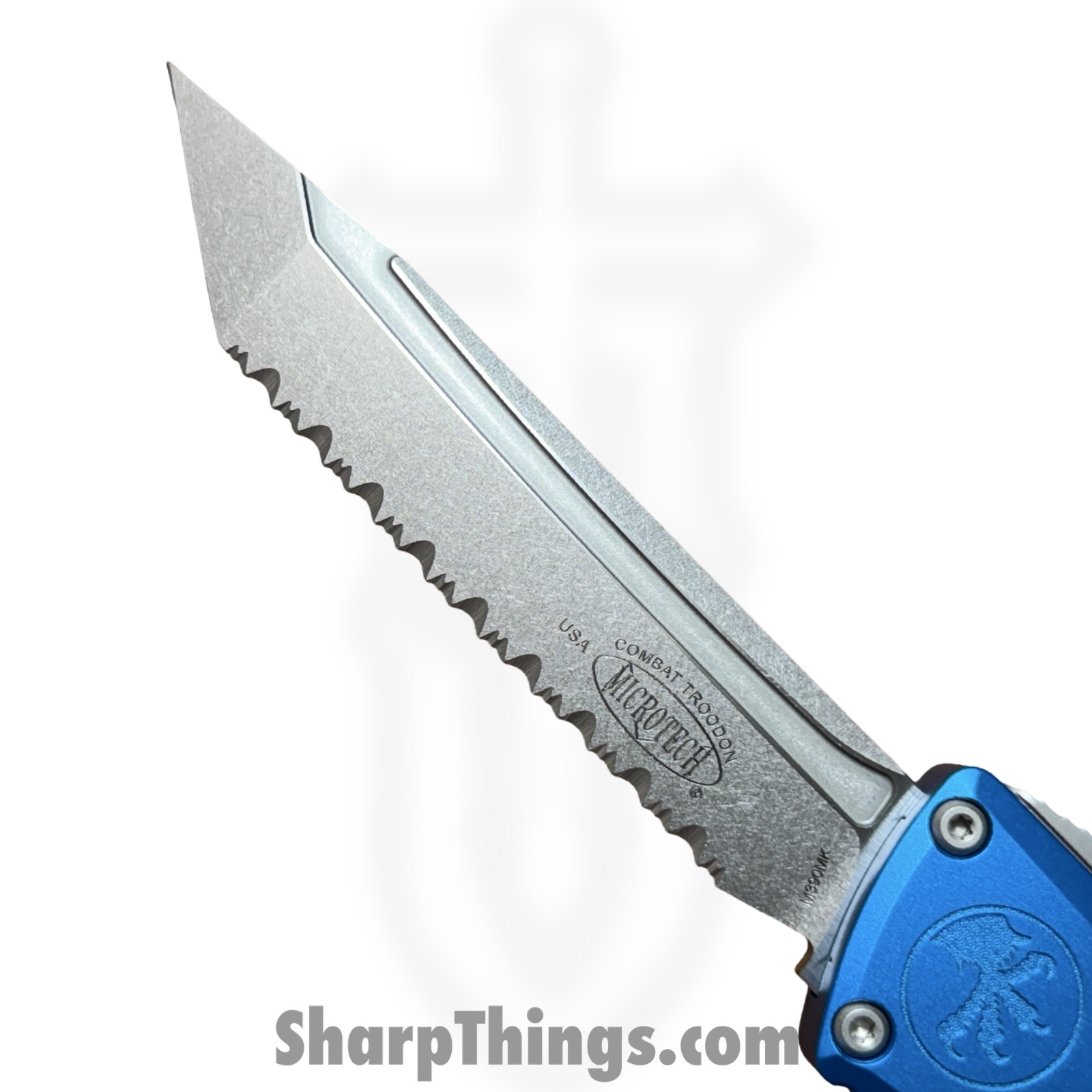 Microtech - 1144-12BL - Combat Troodon Gen III - OTF Auto - M390MK Stonewash T/E F/S - 6061-T6 Aluminum - Blue - Image 6