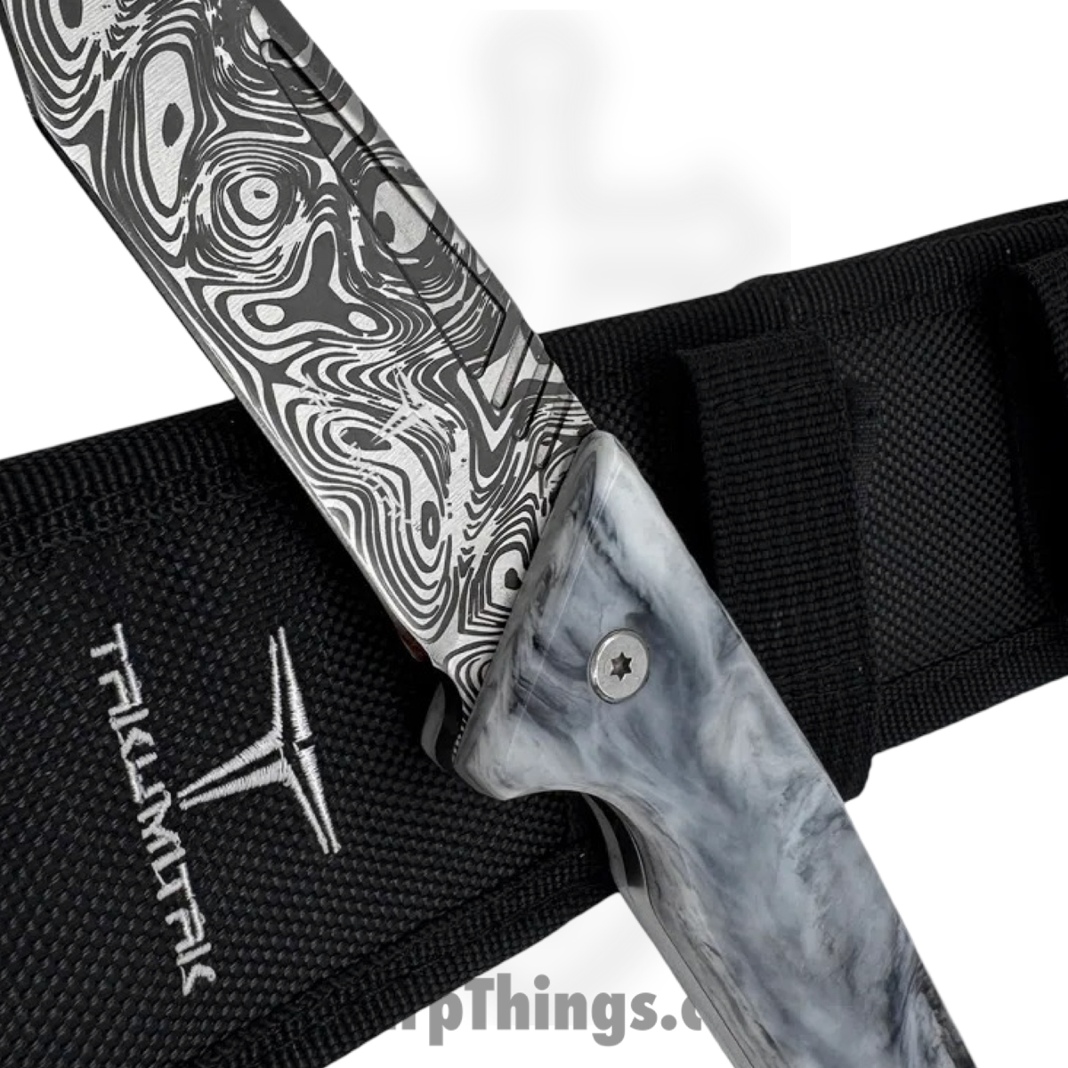 Takumitak - TKF501BK-CS - Bloodstrike - Fixed Blade Knife - 3Cr13 SS Acid Etched Tanto - Glow Resin - Black White - Image 4