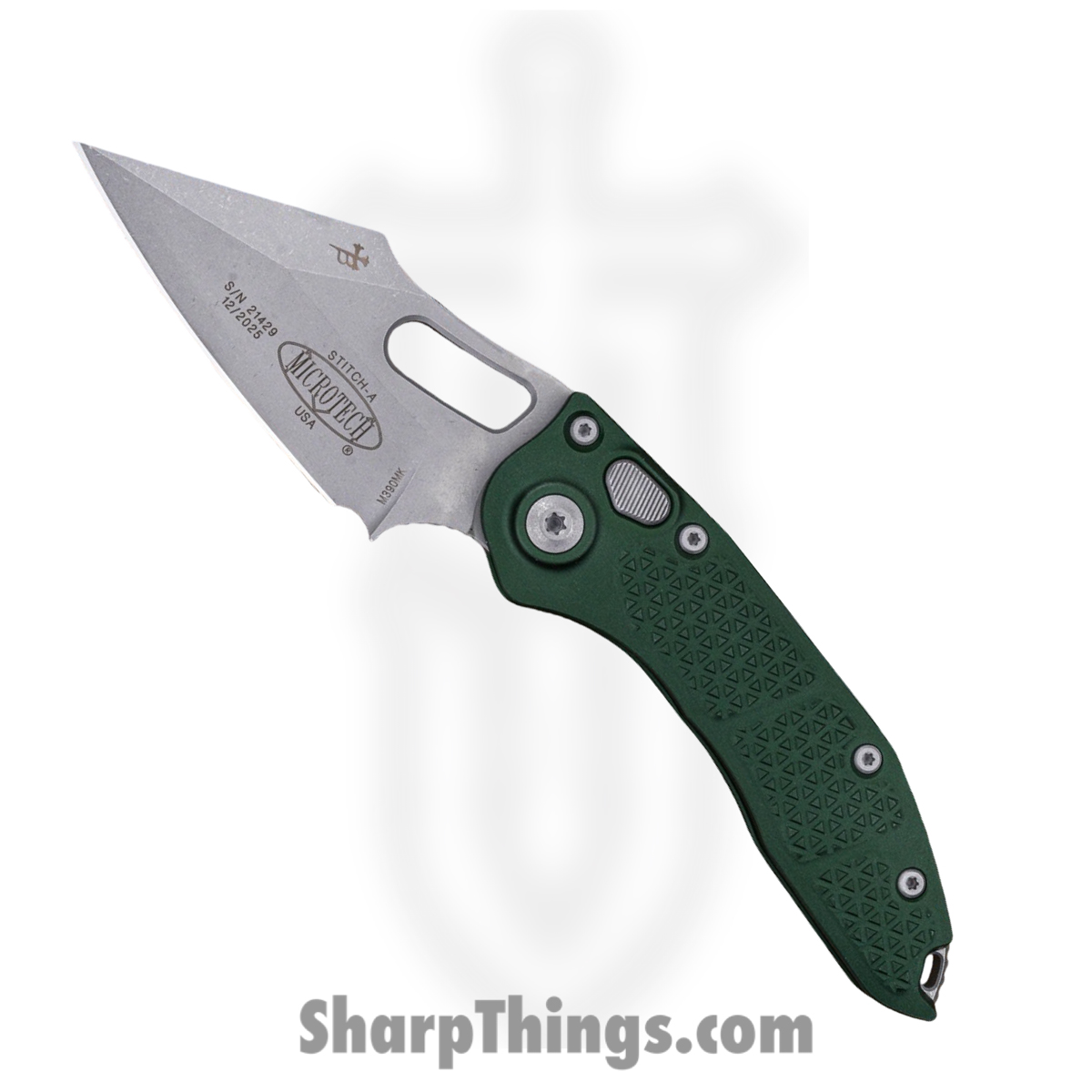 Microtech - 169-10APEG - Stitch - Folding Knife - M390 Apocalyptic Spear Point - Aluminum - Green