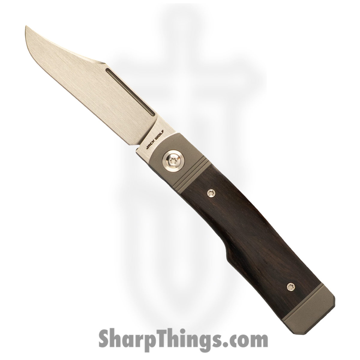 Jack Wolf Knives - GUNSL-03-EBONY - Gunslinger Jack - Folding Knife - S90V Satin Clip Point - Ebony Wood - Brown