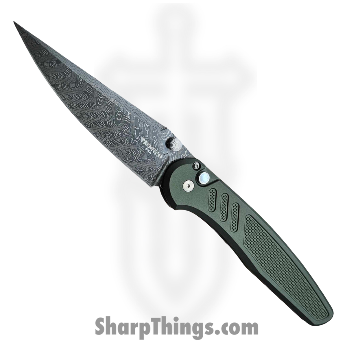 ProTech - 2026.Avalon.Custom.003 - Avalon - Folding Knife - Chad Nichols Boomerang Damascus Drop Point - Knurled Aluminum - Green