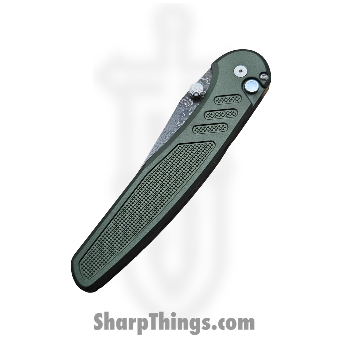 ProTech - 2026.Avalon.Custom.003 - Avalon - Folding Knife - Chad Nichols Boomerang Damascus Drop Point - Knurled Aluminum - Green - Image 4