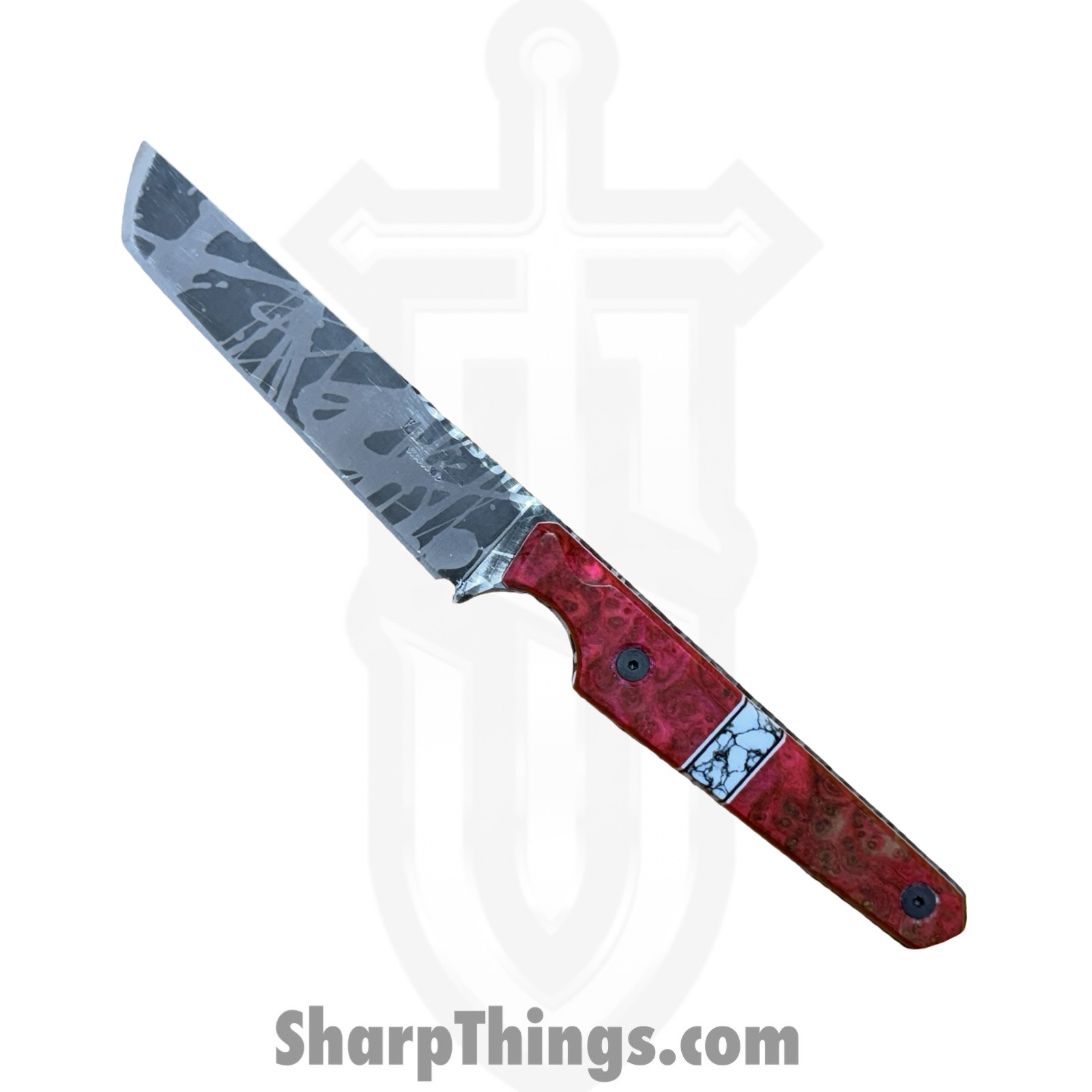 Lex Rex - LEXBS26002 - Midsized Deathstick - Fixed Blade Knife - AEB-L Gun Blue Paint Splatter Tanto - Dyed Ash Burl Truestone - Pink White