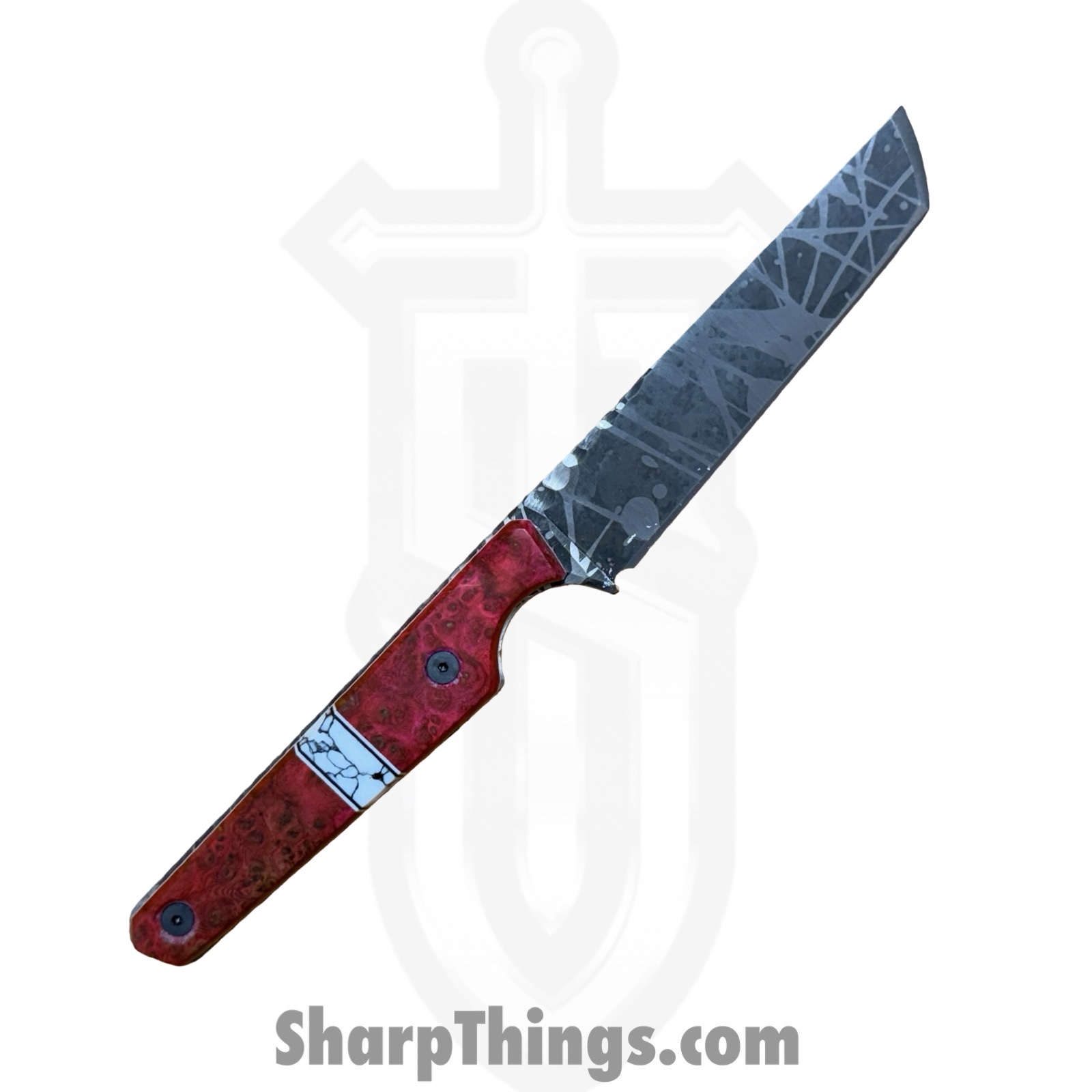 Lex Rex - LEXBS26002 - Midsized Deathstick - Fixed Blade Knife - AEB-L Gun Blue Paint Splatter Tanto - Dyed Ash Burl Truestone - Pink White - Image 2