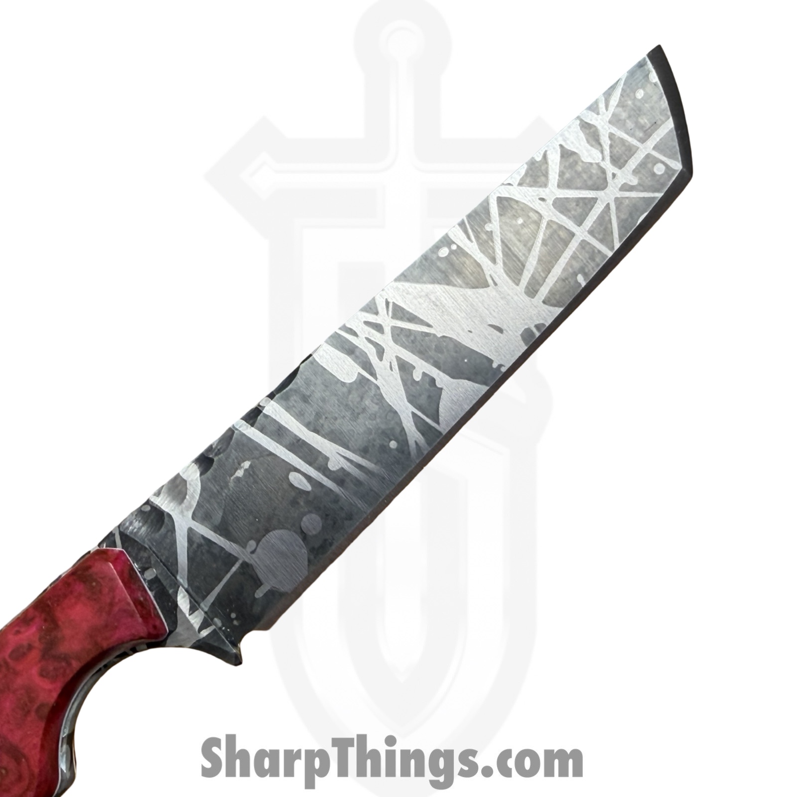 Lex Rex - LEXBS26002 - Midsized Deathstick - Fixed Blade Knife - AEB-L Gun Blue Paint Splatter Tanto - Dyed Ash Burl Truestone - Pink White - Image 4