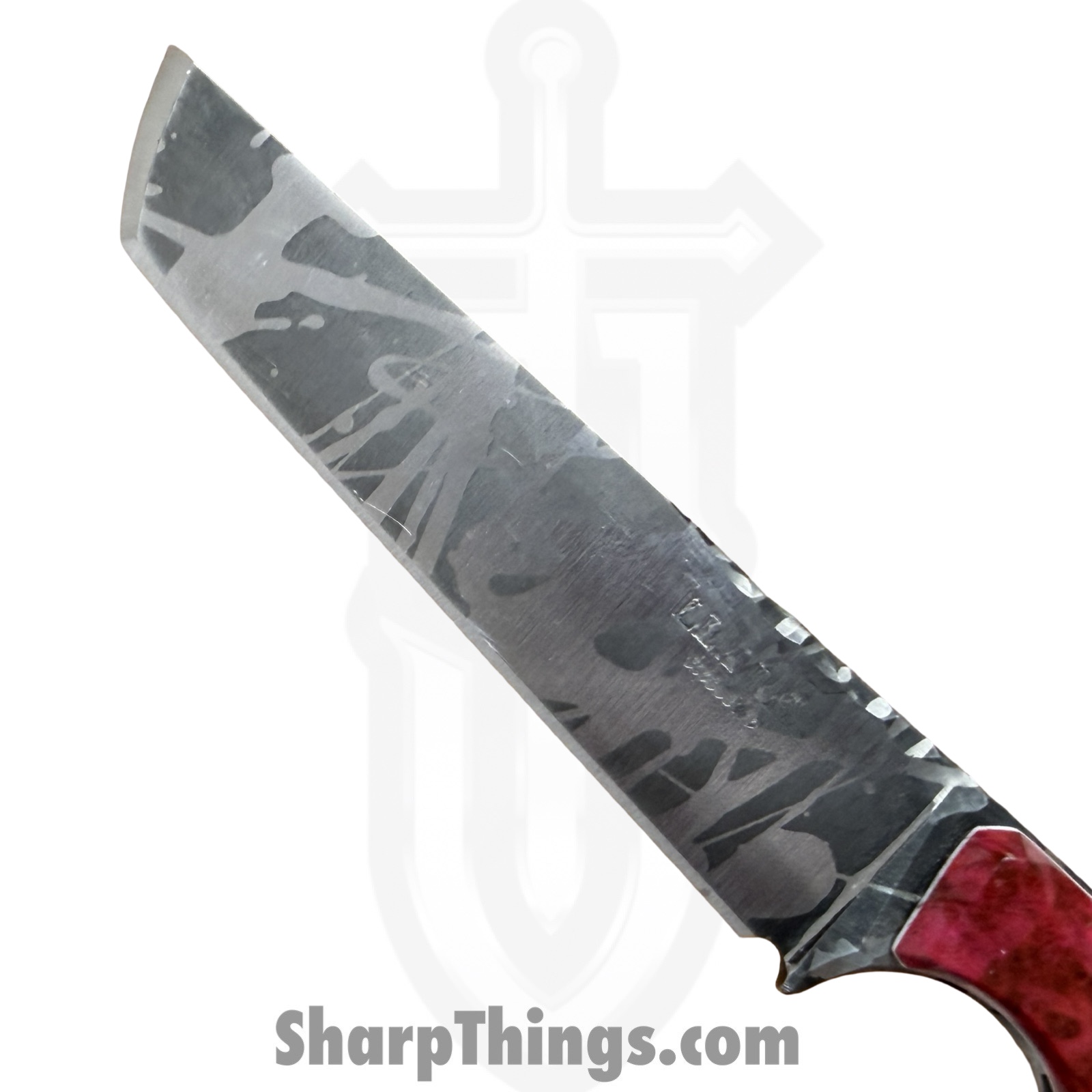 Lex Rex - LEXBS26002 - Midsized Deathstick - Fixed Blade Knife - AEB-L Gun Blue Paint Splatter Tanto - Dyed Ash Burl Truestone - Pink White - Image 5