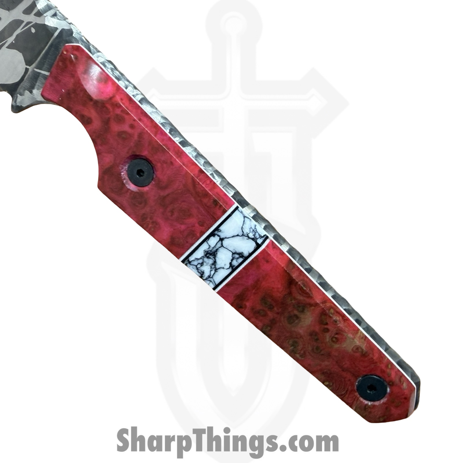 Lex Rex - LEXBS26002 - Midsized Deathstick - Fixed Blade Knife - AEB-L Gun Blue Paint Splatter Tanto - Dyed Ash Burl Truestone - Pink White - Image 7