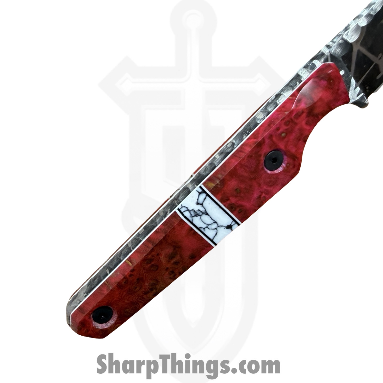 Lex Rex - LEXBS26002 - Midsized Deathstick - Fixed Blade Knife - AEB-L Gun Blue Paint Splatter Tanto - Dyed Ash Burl Truestone - Pink White - Image 8