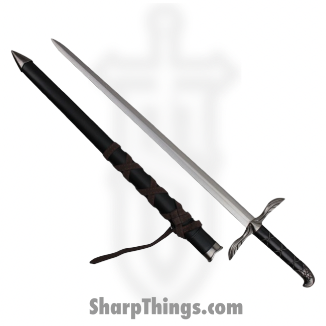 VOC - H-5908 - 22in Assassin's Sword - Fixed Blade Knife - Stainless Satin Dagger - Imitation Leather - Black