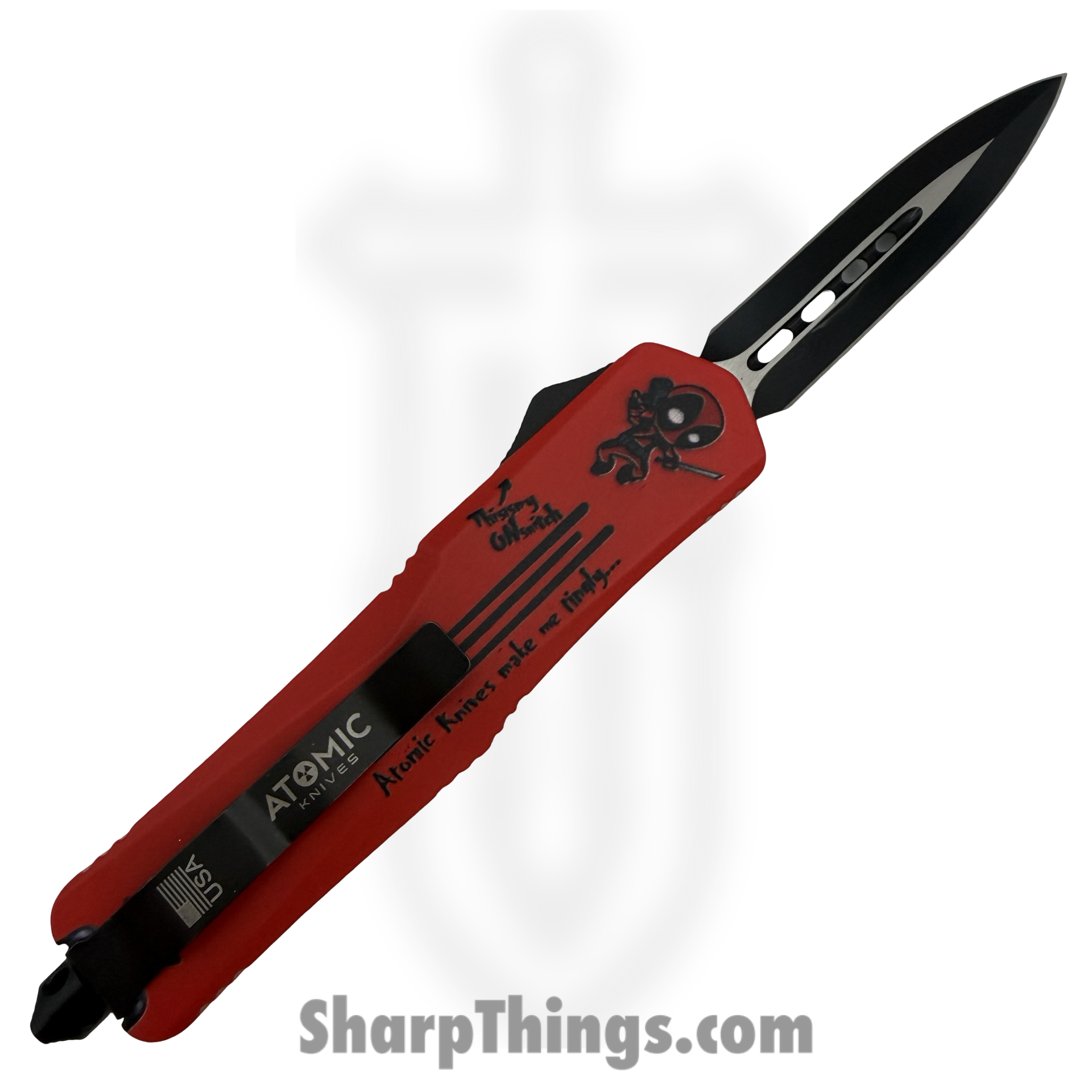 Atomic Knives - WNS-A1-DP - Thin Man Deadpool - OTF Auto - D2 Coated Dagger - Aluminum - Red/Black - Image 2