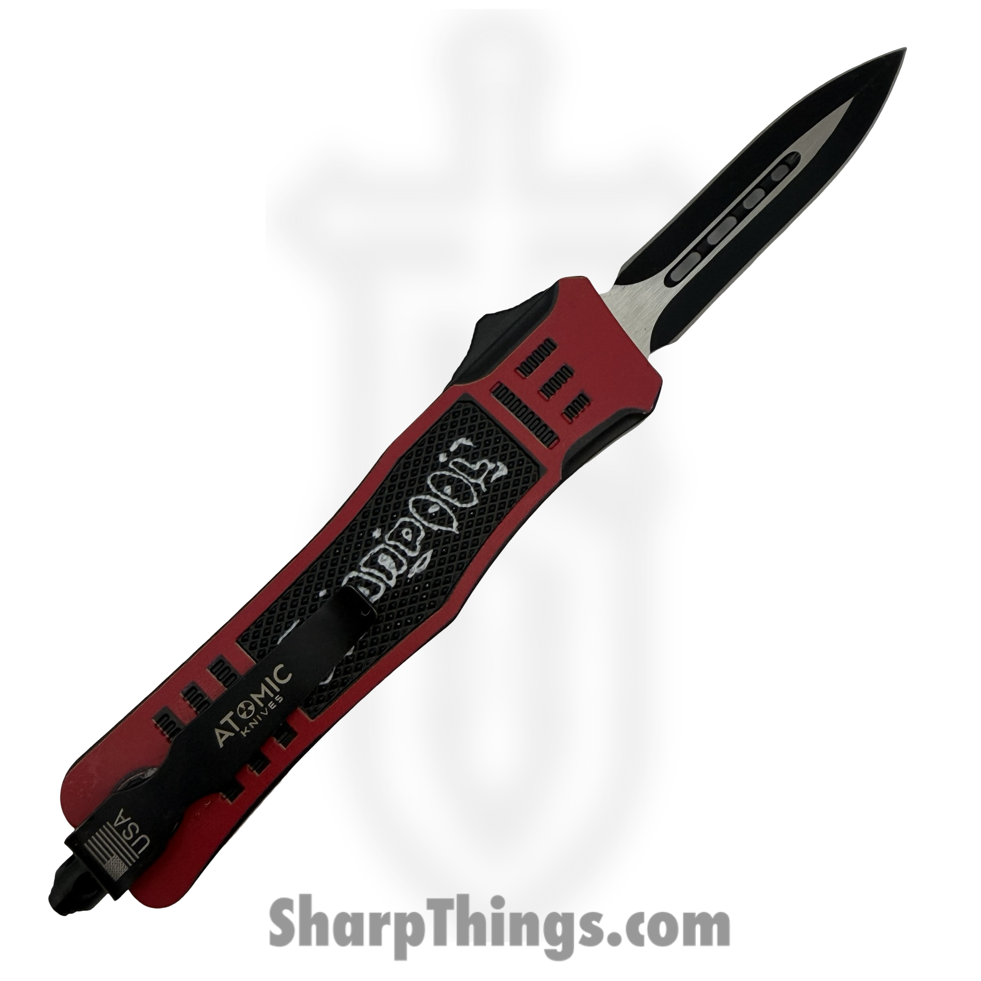 Atomic Knives - WNS-A107M-DP - Fat Man DeadPool - OTF Auto - D2 Coated Dagger - Aluminum - Black/Red - Image 2
