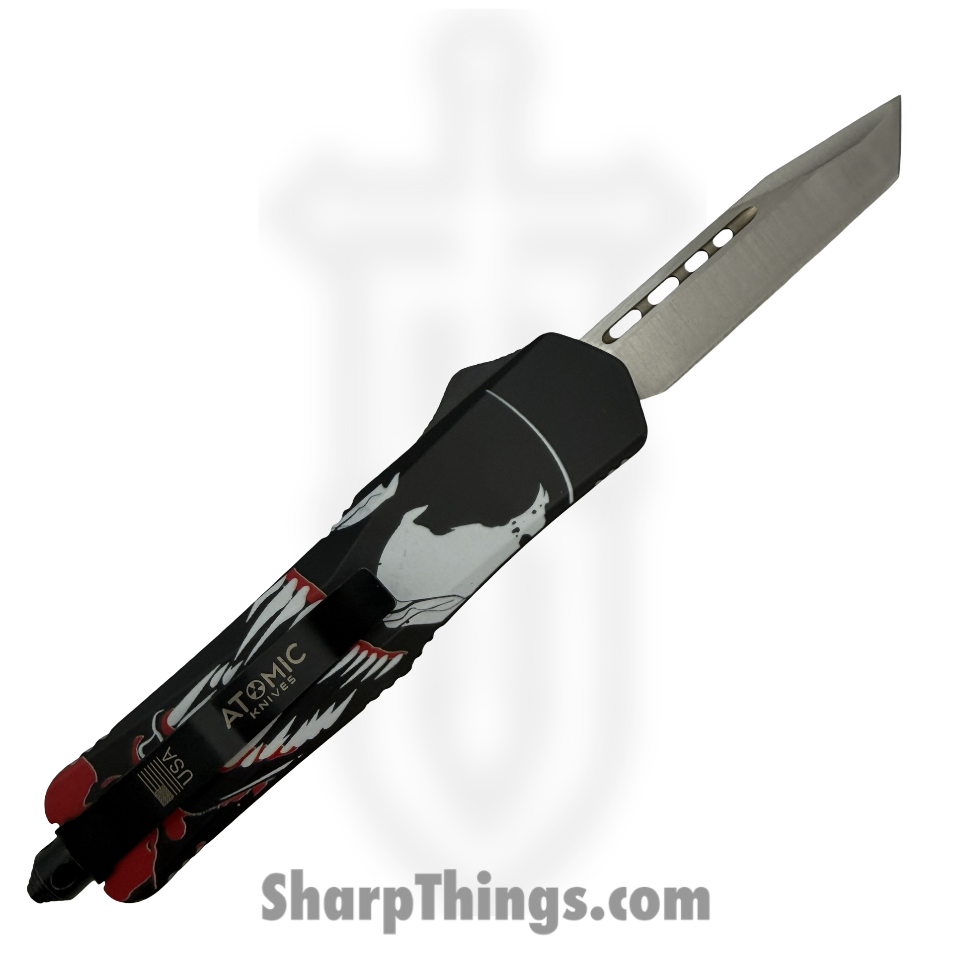 Atomic Knives - WNS-A11-VM - Thin Man Venom - OTF Auto - D2 Satin Tanto - Aluminum - Black/White/Red - Image 2