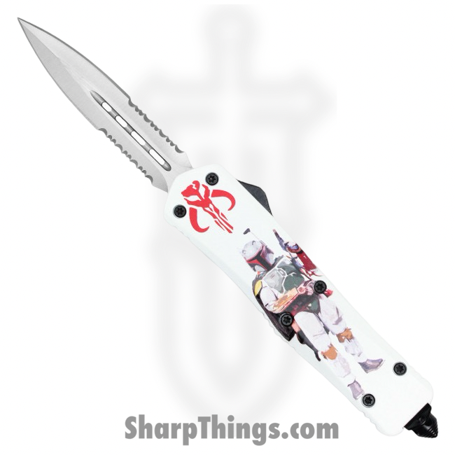 Atomic Knives - WNS-A2-STR3 - Thin Man Hungsman - OTF Auto - D2 Satin Dagger - Aluminum - White/Red