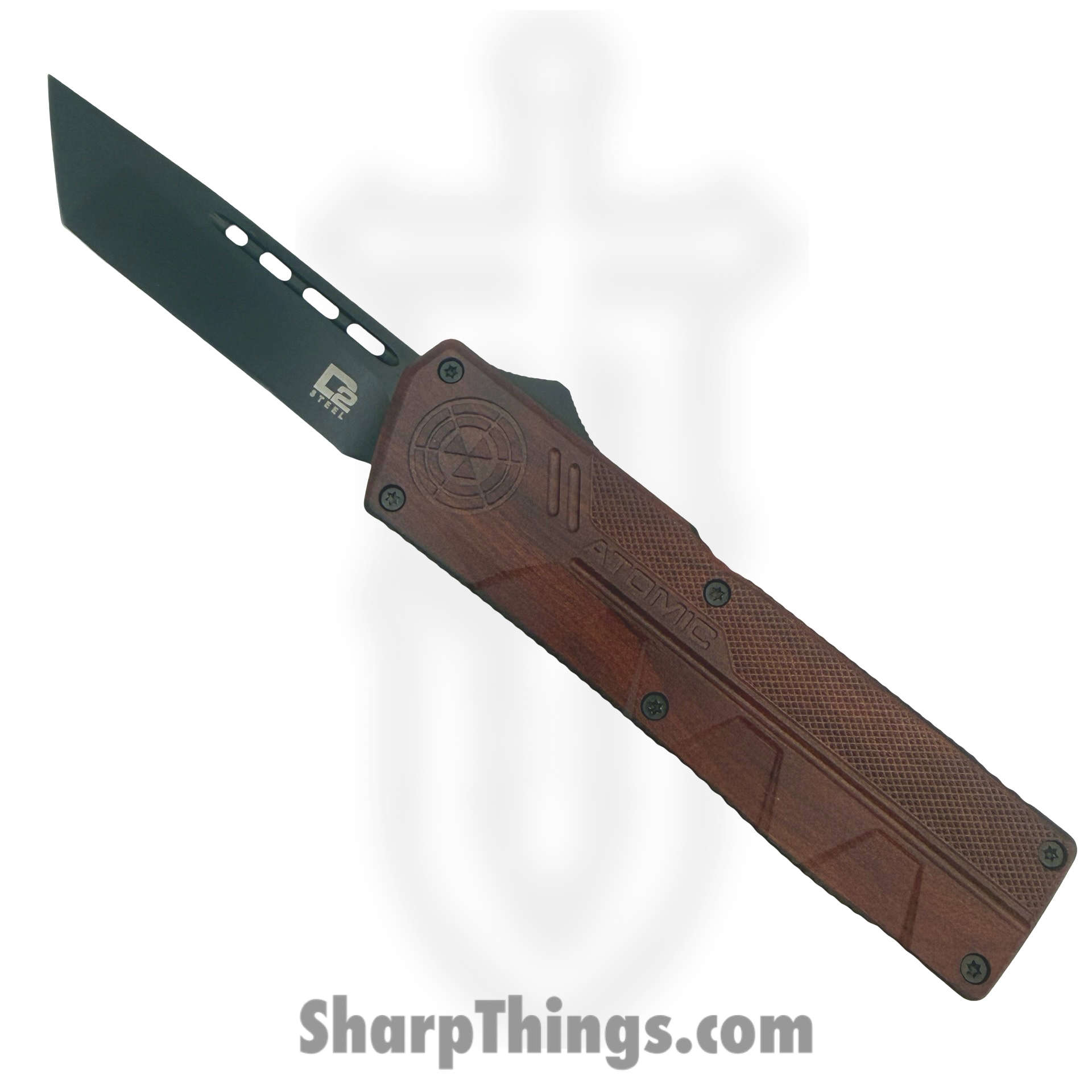 Atomic Knives - WNS-DT01RWD-BT - UltraLite ATOMIC - OTF Auto - D2 Coated Tanto - Aluminum - Woodgrain