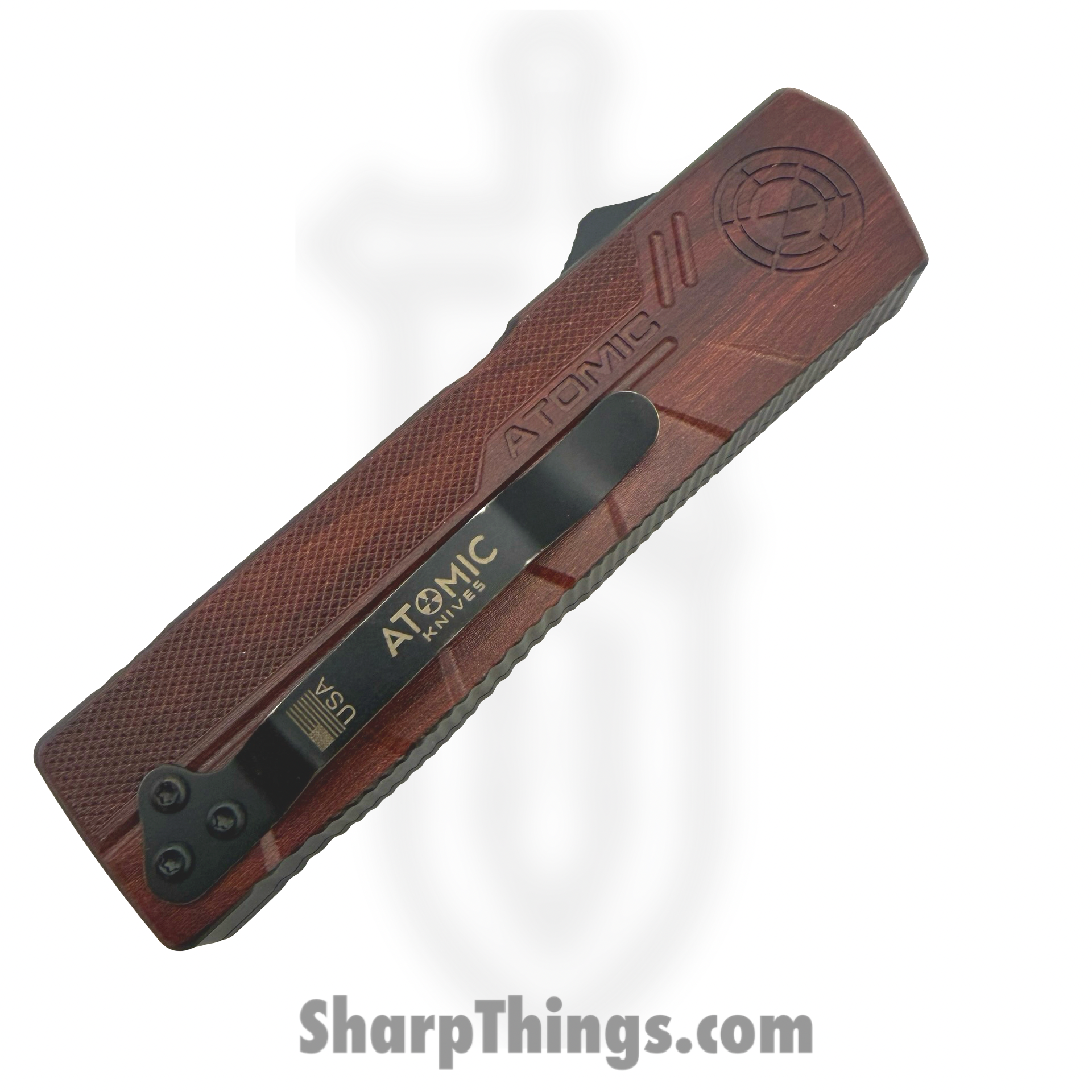 Atomic Knives - WNS-DT01RWD-TT - UltraLite ATOMIC - OTF Auto - D2 Satin Tanto - Aluminum - Woodgrain - Image 4