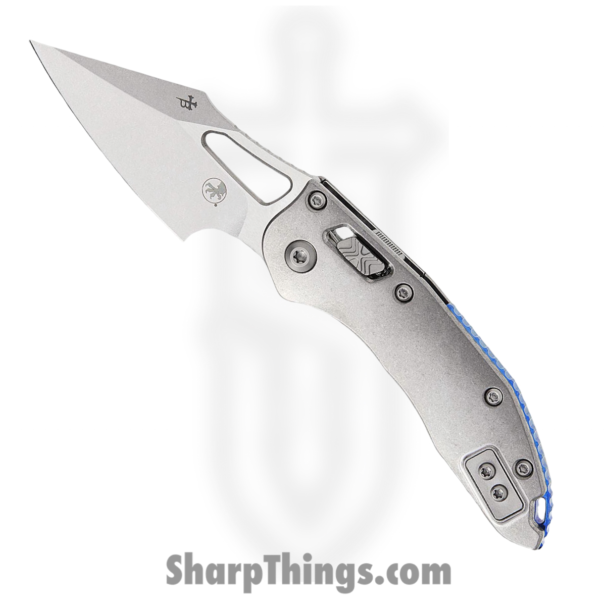 Microtech - 169MRL-10MS2 - Mini Stitch - Folding Knife - M390MK Stonewash Spear Point - Slab Titanium - Silver Blue