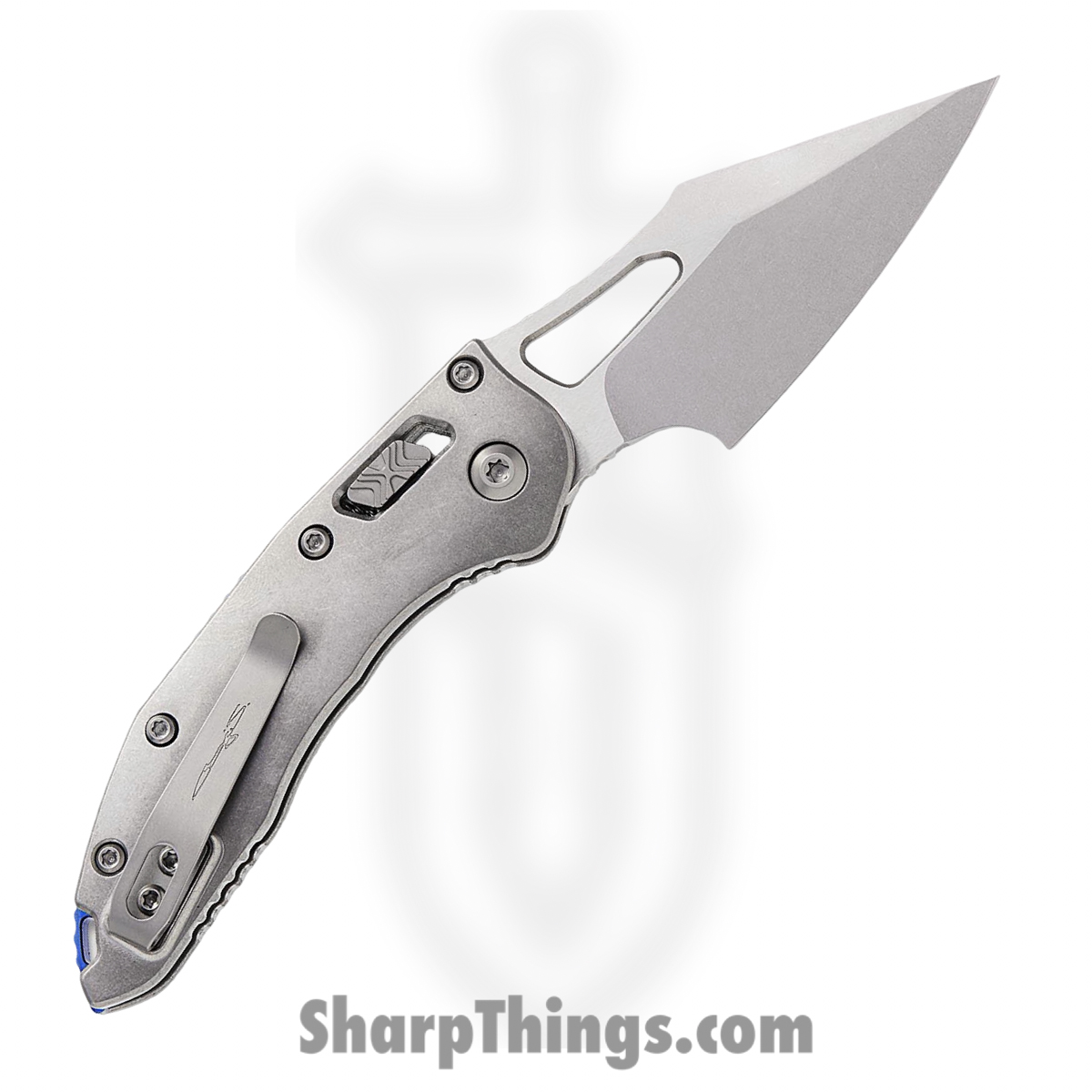Microtech - 169MRL-10MS2 - Mini Stitch - Folding Knife - M390MK Stonewash Spear Point - Slab Titanium - Silver Blue - Image 2