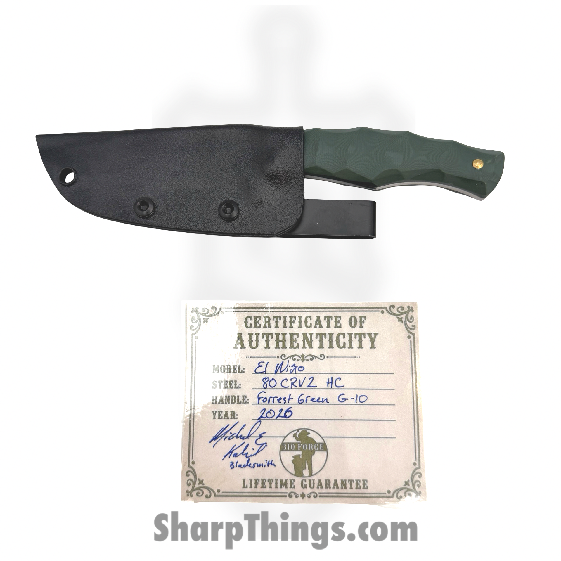 310 Forge - 310NINO0610A - El Nino Custom (Clip) - Fixed Blade Knife - 80crv2 Two Tone Drop Point - G10 - Green - Image 3