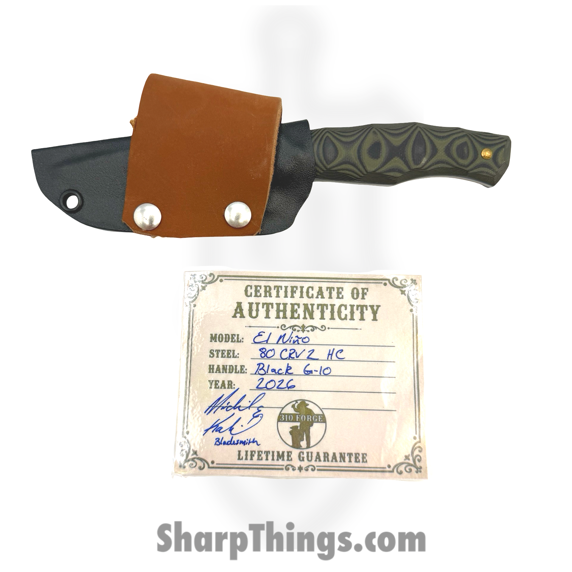 310 Forge - 310NINO0610C - El Nino Custom (Leather) - Fixed Blade Knife - 80crv2 Two Tone Drop Point - G10 - Green|Black - Image 2