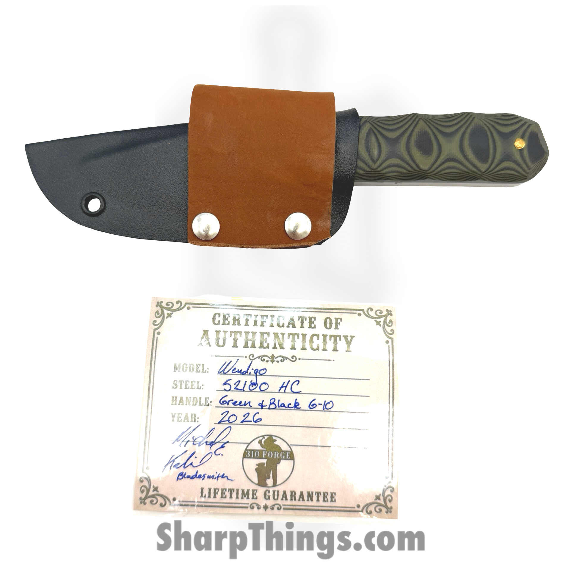 310 Forge - 310WEND0610C - Wendigo Custom (Leather) - Fixed Blade Knife - 52100 HC Two Tone Drop Point - G10 - Green|Black - Image 2