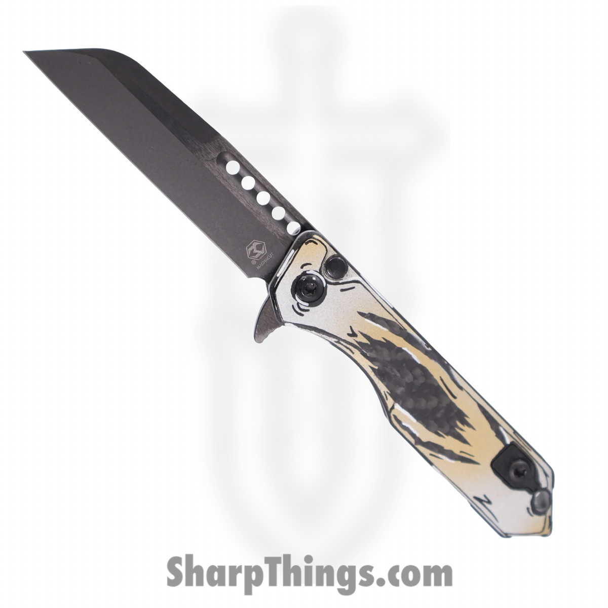 Heretic Knives - H213-6A-GSCS-CB - Jinn - Folding Knife - MagnaCut - Sheepsfoot - CF Breached Cel Shade Gold | Silver