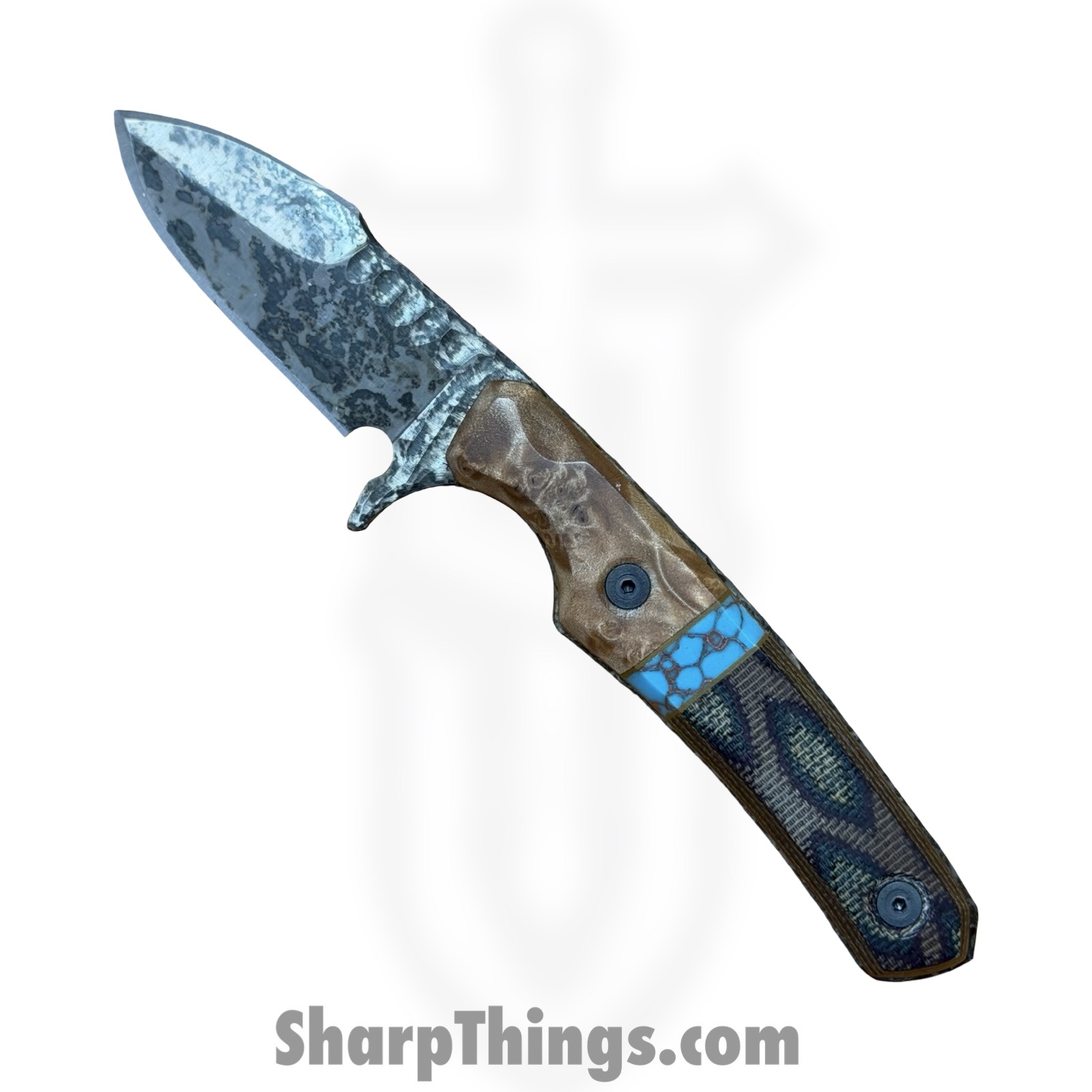 Lex Rex - LRBSA001 - EDC Kestrel - Fixed Blade Knife - 80CRV2 Patina DE Spear Point - Burl Wood, Truestone, Micarta - Black, Blue, Brown