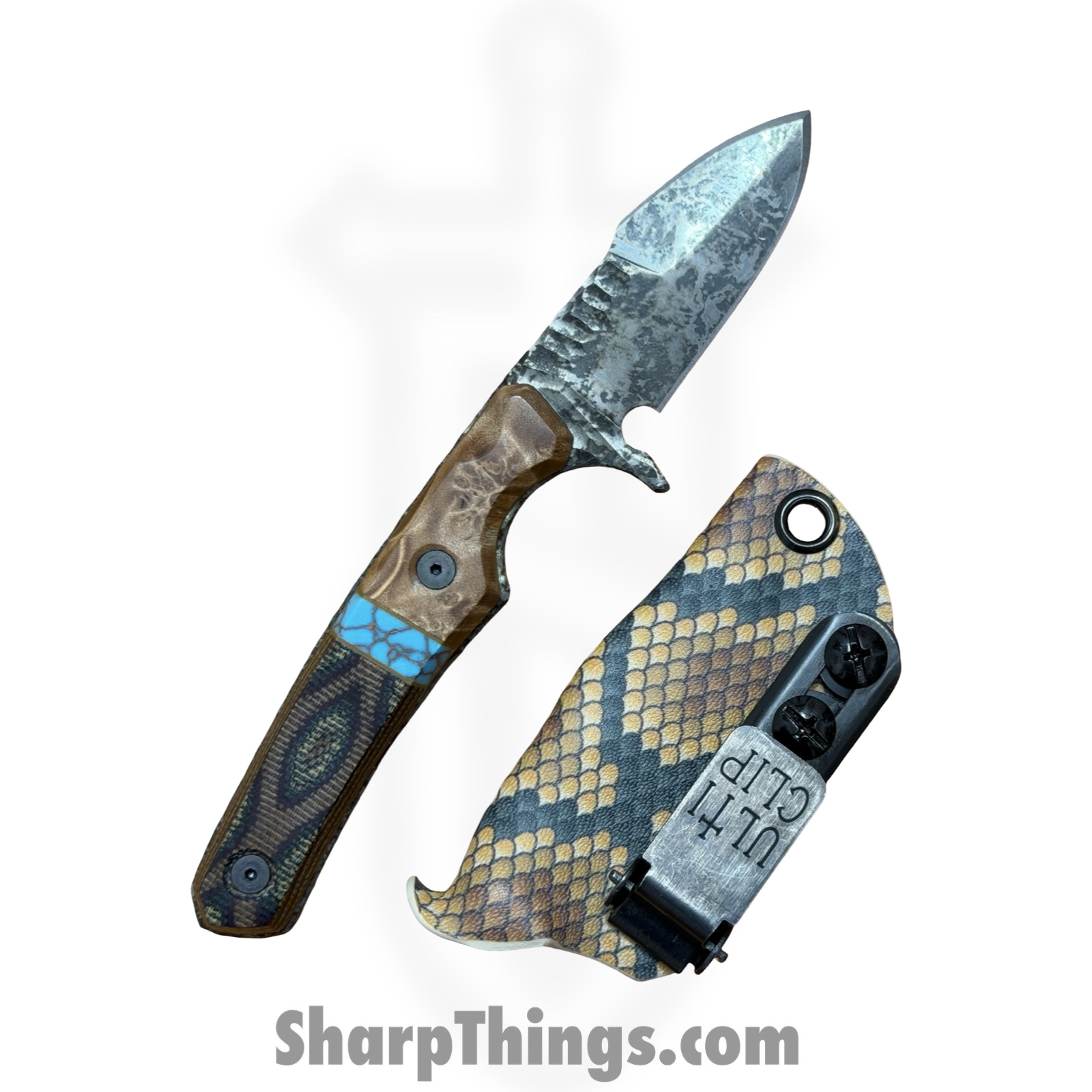 Lex Rex - LRBSA001 - EDC Kestrel - Fixed Blade Knife - 80CRV2 Patina DE Spear Point - Burl Wood, Truestone, Micarta - Black, Blue, Brown - Image 6