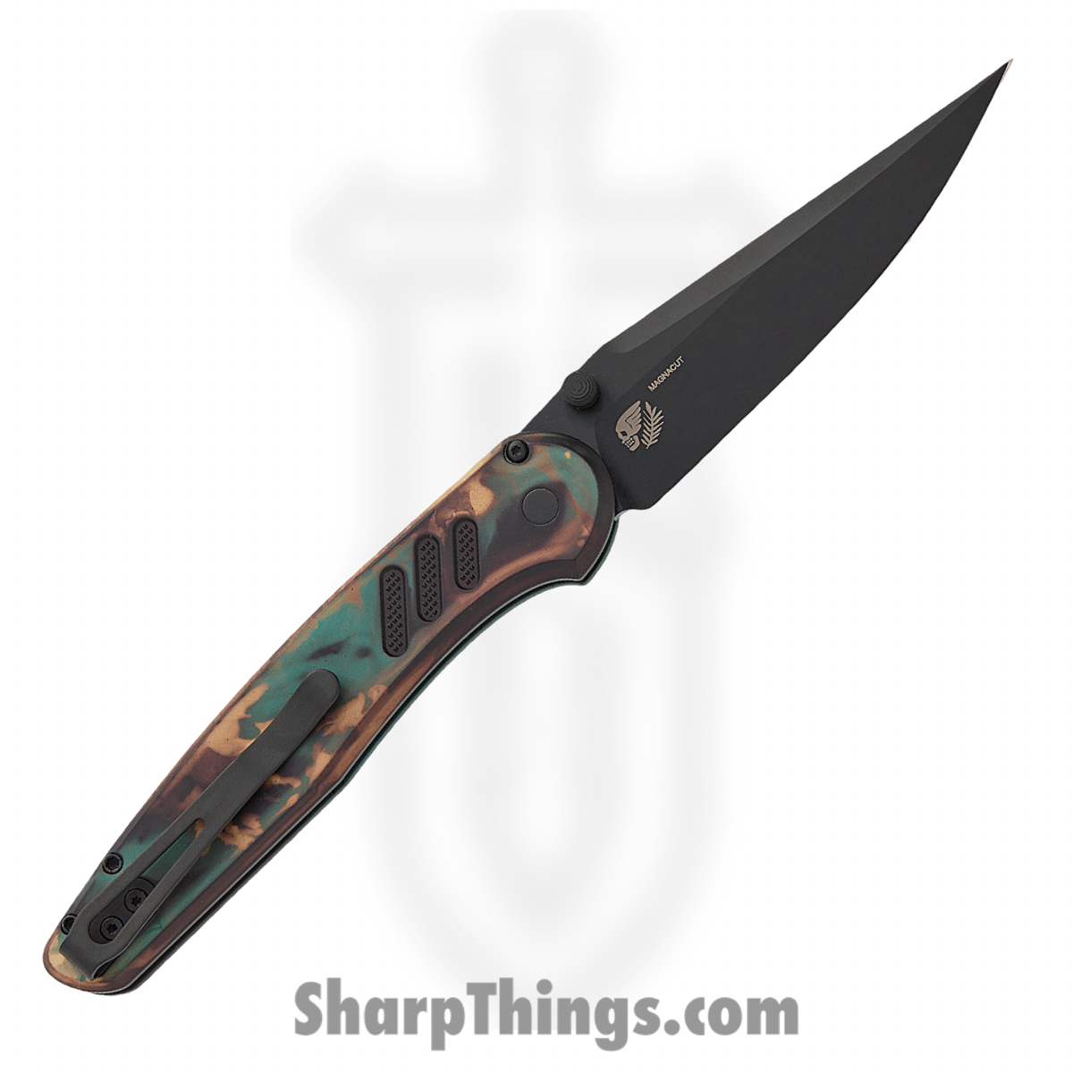 ProTech - PN1103-SHIPWRECK - Avalon - Automatic Knife - CPM MagnaCut Coated Drop Point - Knurled "Shipwreck" Aluminum - Blue Brown Tan - Image 2