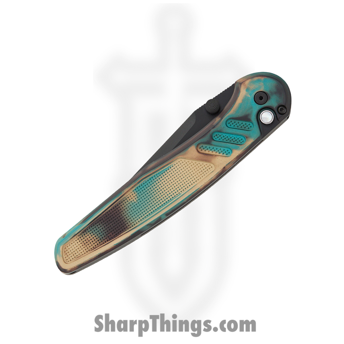 ProTech - PN1103-SHIPWRECK - Avalon - Automatic Knife - CPM MagnaCut Coated Drop Point - Knurled "Shipwreck" Aluminum - Blue Brown Tan - Image 3