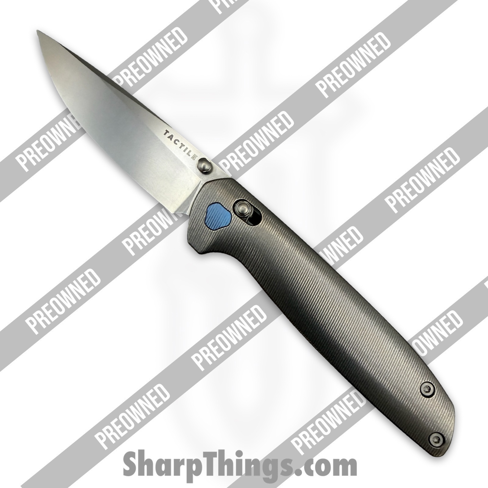 Tactile Knife Co. - PO20-MV-MC02-TT01 - Preowned Maverick - Folding Knife - CPM MagnaCut Stonewash Drop Point - Titanium - Grey|Blue