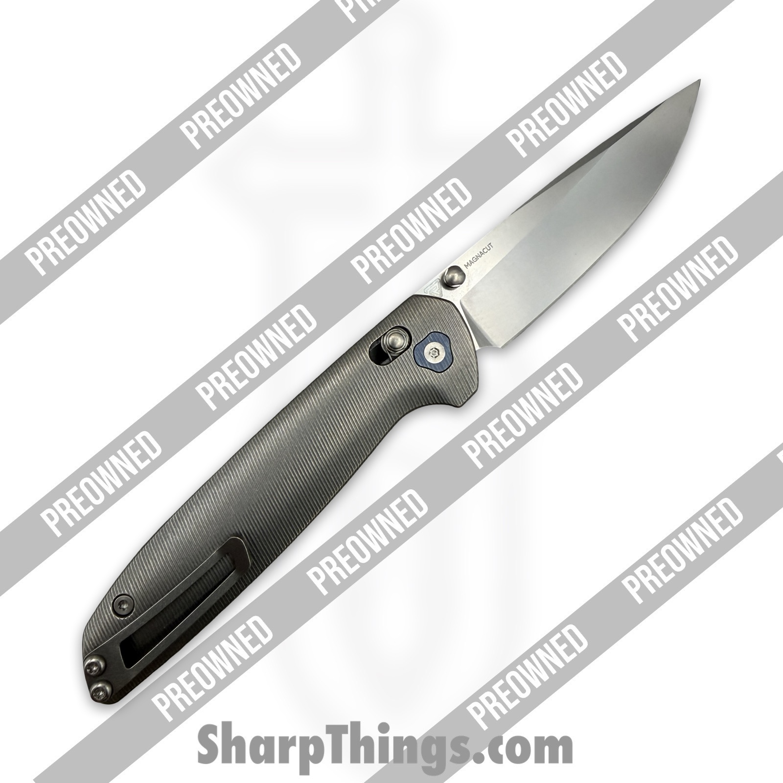 Tactile Knife Co. - PO20-MV-MC02-TT01 - Preowned Maverick - Folding Knife - CPM MagnaCut Stonewash Drop Point - Titanium - Grey|Blue - Image 2