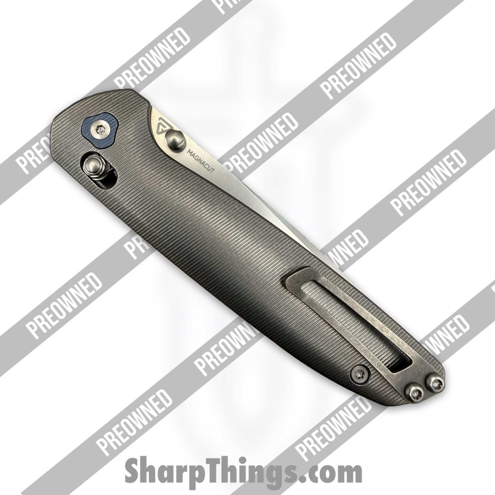 Tactile Knife Co. - PO20-MV-MC02-TT01 - Preowned Maverick - Folding Knife - CPM MagnaCut Stonewash Drop Point - Titanium - Grey|Blue - Image 9