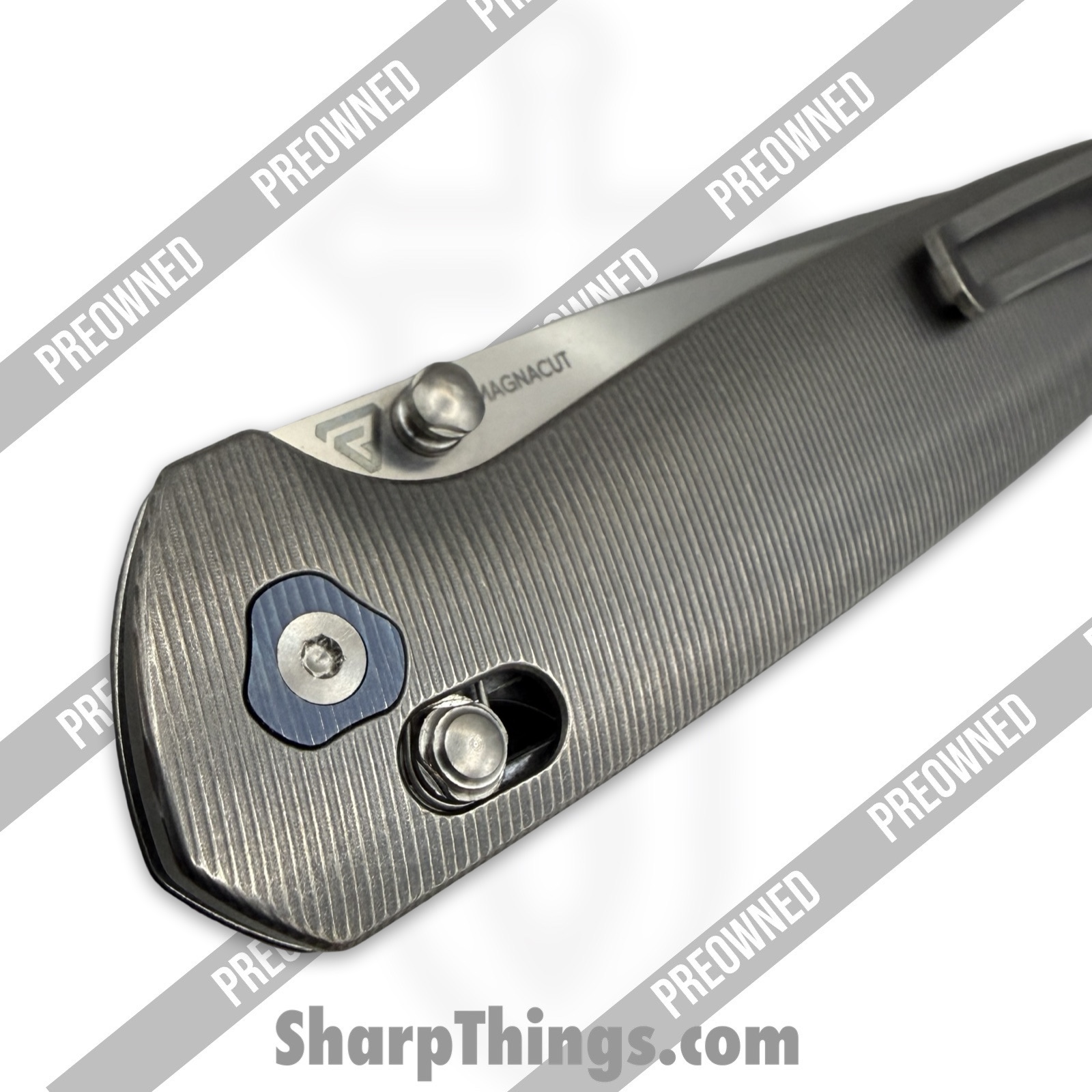 Tactile Knife Co. - PO20-MV-MC02-TT01 - Preowned Maverick - Folding Knife - CPM MagnaCut Stonewash Drop Point - Titanium - Grey|Blue - Image 7