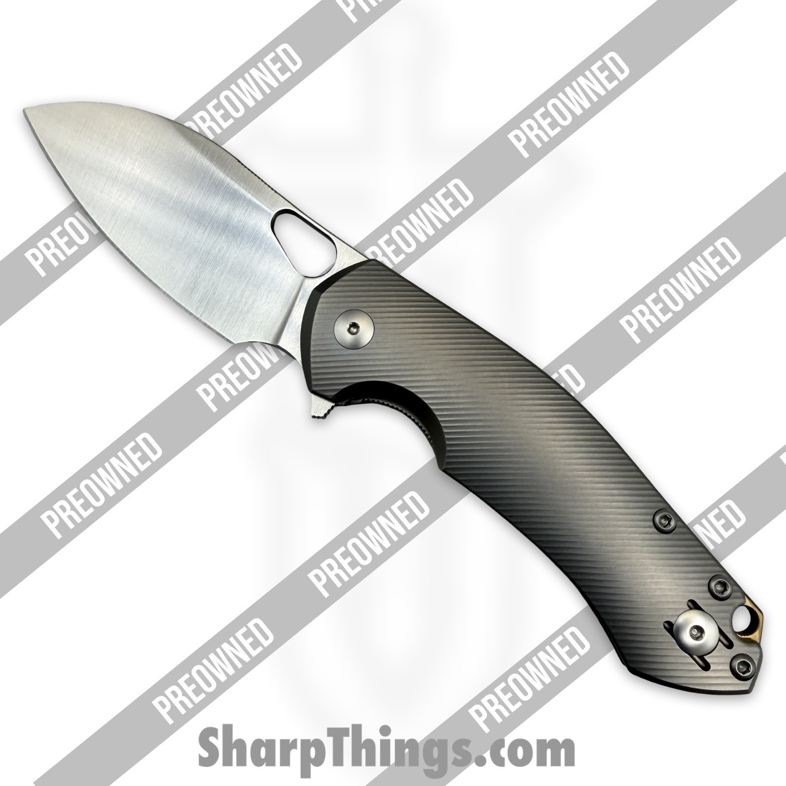 GiantMouse - POBIBLIO-XL-TITANIUM - Preowned Ace Biblio XL - Folding Knife - Vanadis Satin Sheepsfoot - Titanium - Grey|Brass