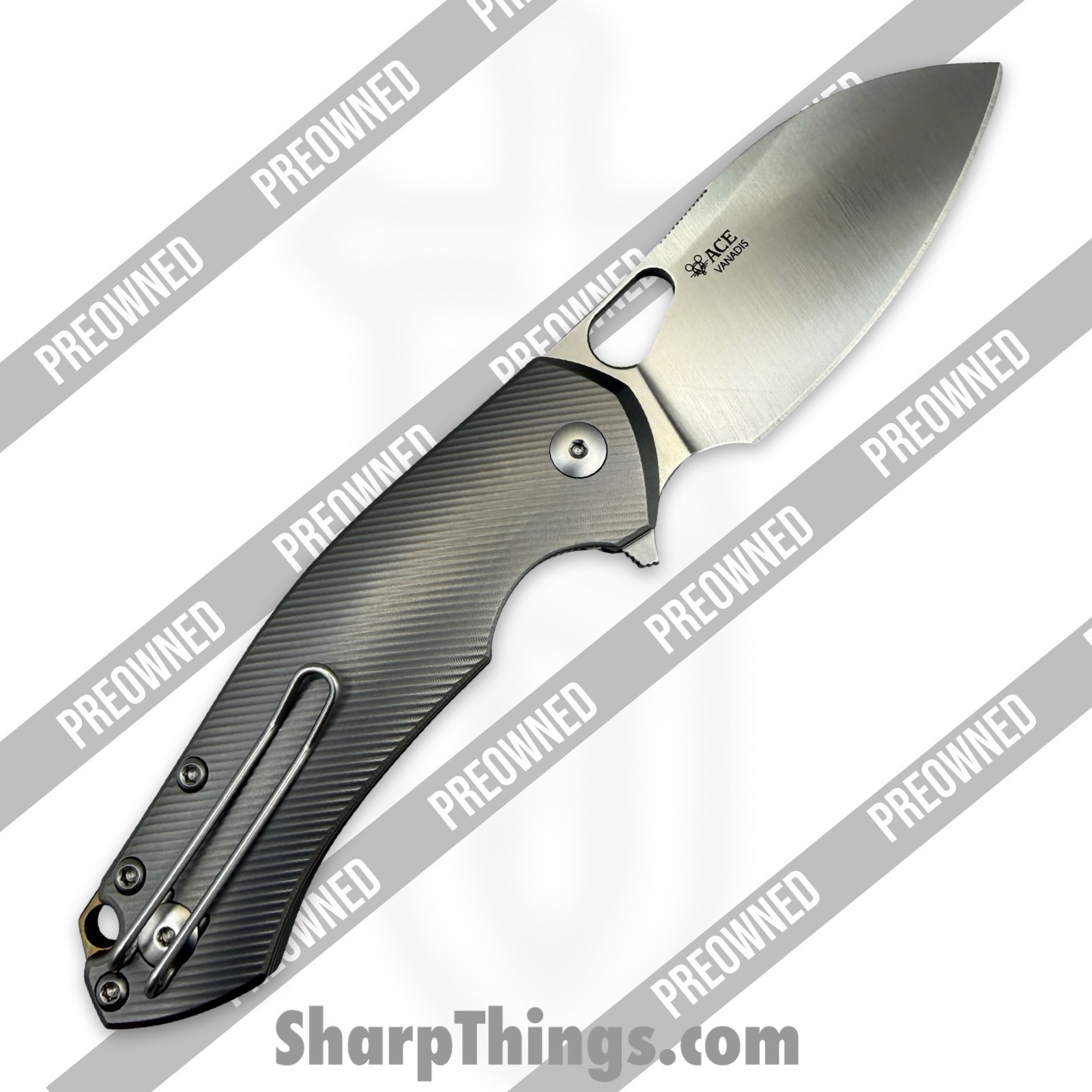 GiantMouse - POBIBLIO-XL-TITANIUM - Preowned Ace Biblio XL - Folding Knife - Vanadis Satin Sheepsfoot - Titanium - Grey|Brass - Image 2