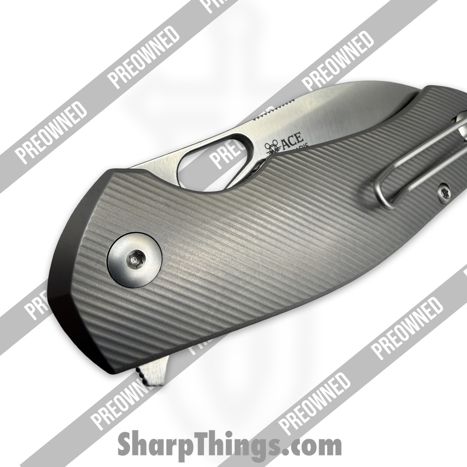 GiantMouse - POBIBLIO-XL-TITANIUM - Preowned Ace Biblio XL - Folding Knife - Vanadis Satin Sheepsfoot - Titanium - Grey|Brass - Image 5