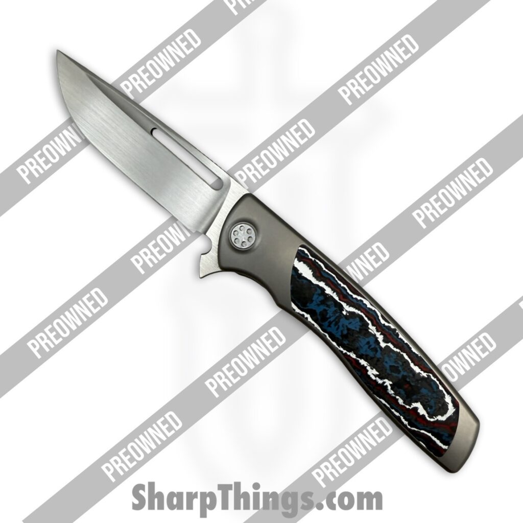 Sharp by Design – POSBD-335 – Preowned Mini Evo – Folding Knife – M390 Satin Drop Point – Titanium – Grey|Red|White|Blue