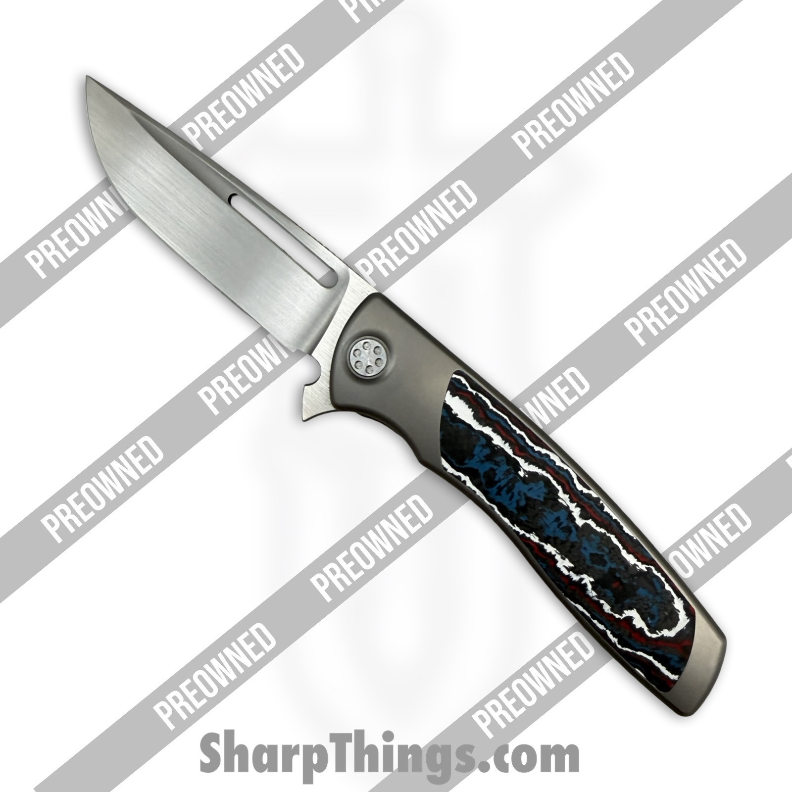 Sharp by Design - POSBD-335 - Preowned Mini Evo - Folding Knife - M390 Satin Drop Point - Titanium - Grey|Red|White|Blue