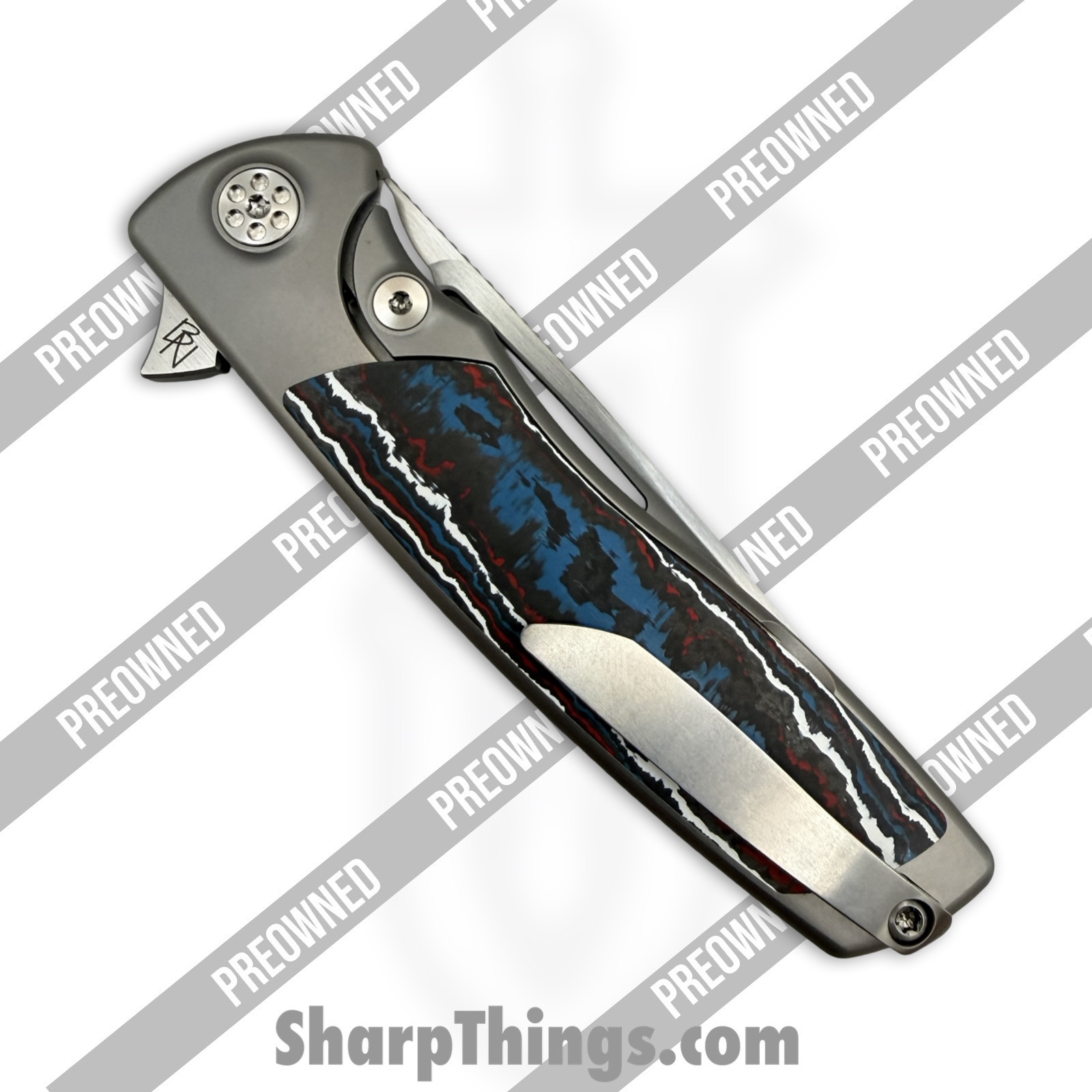 Sharp by Design - POSBD-335 - Preowned Mini Evo - Folding Knife - M390 Satin Drop Point - Titanium - Grey|Red|White|Blue - Image 4