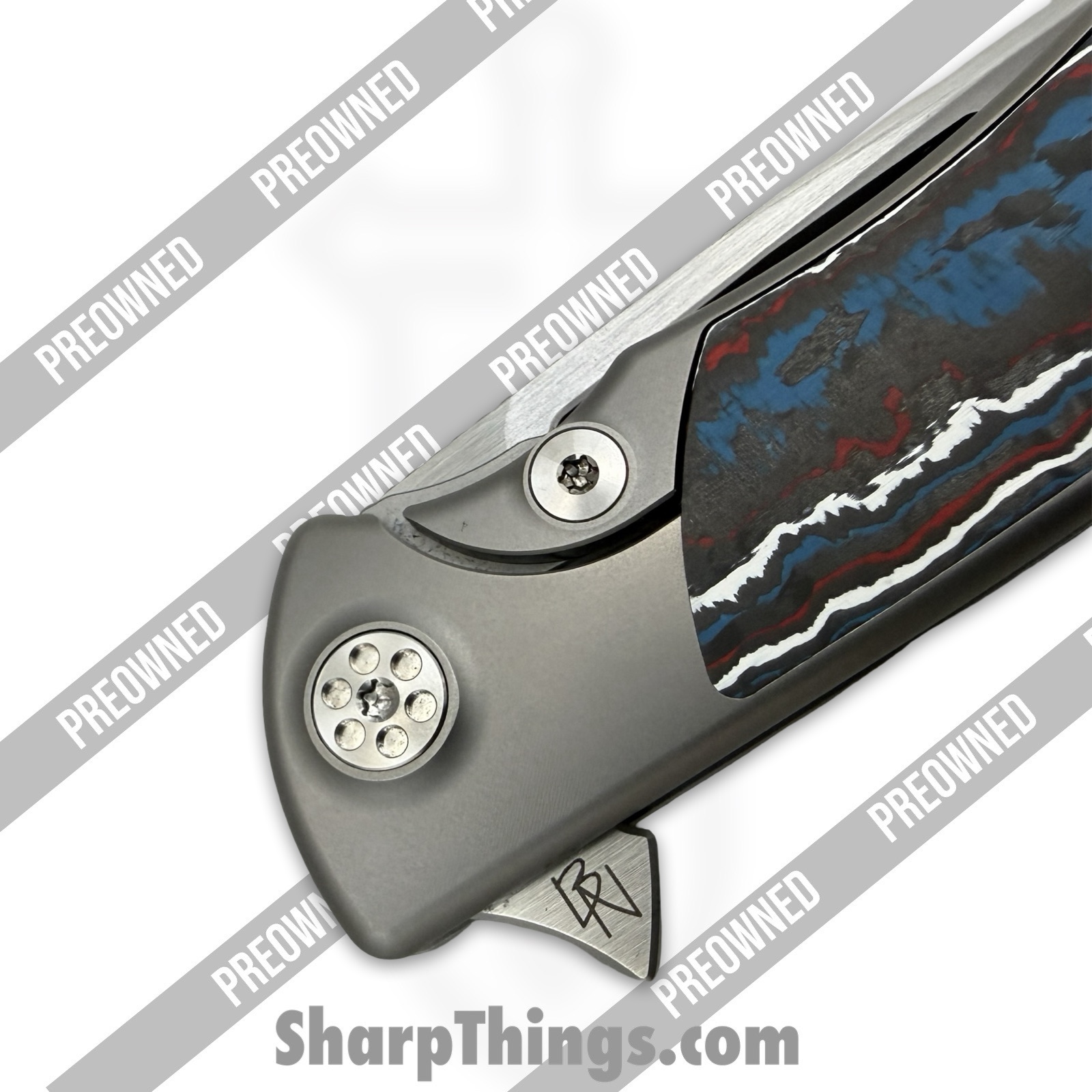 Sharp by Design - POSBD-335 - Preowned Mini Evo - Folding Knife - M390 Satin Drop Point - Titanium - Grey|Red|White|Blue - Image 8