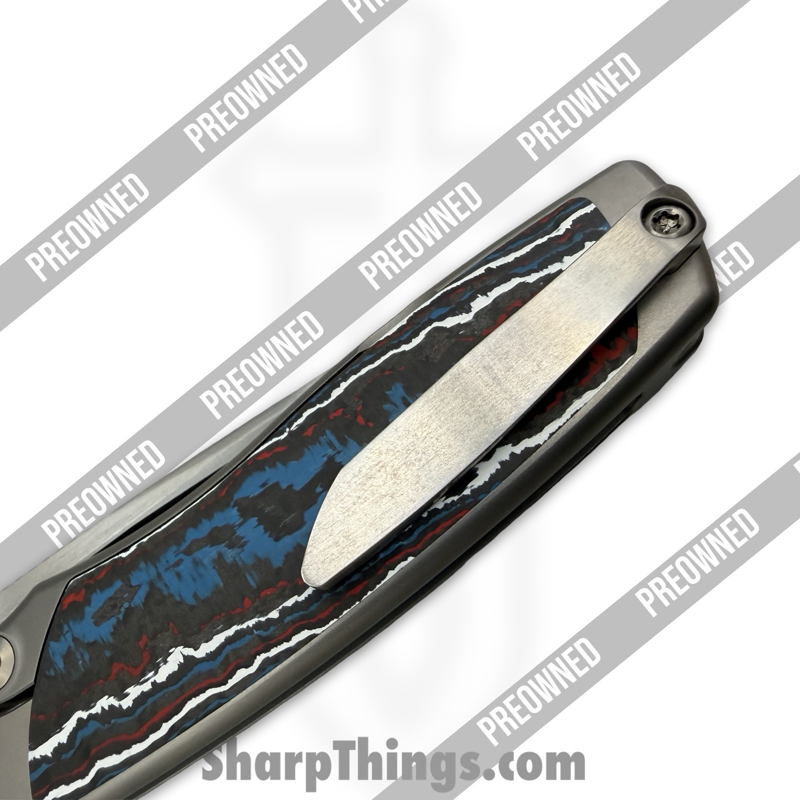 Sharp by Design - POSBD-335 - Preowned Mini Evo - Folding Knife - M390 Satin Drop Point - Titanium - Grey|Red|White|Blue - Image 7