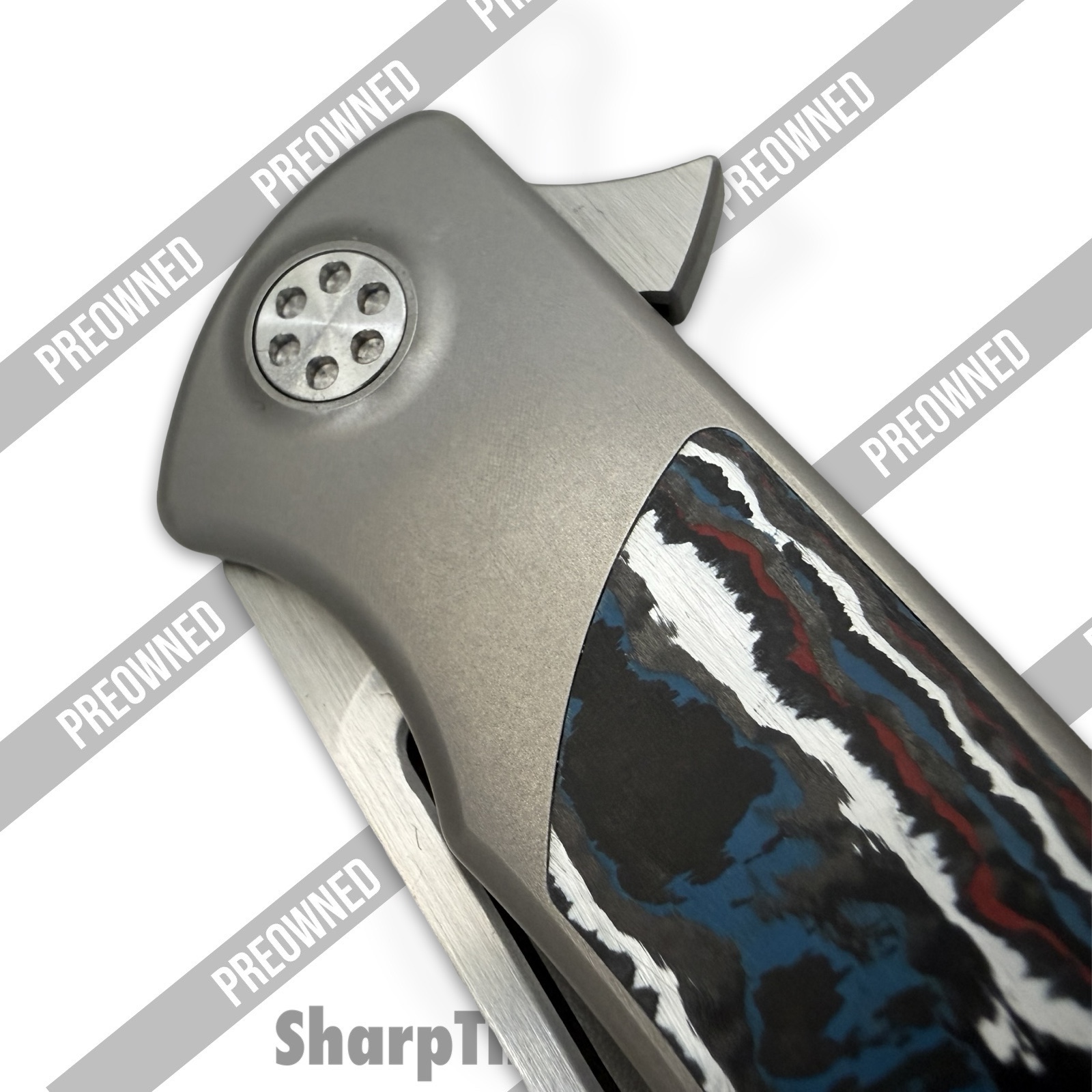 Sharp by Design - POSBD-335 - Preowned Mini Evo - Folding Knife - M390 Satin Drop Point - Titanium - Grey|Red|White|Blue - Image 6