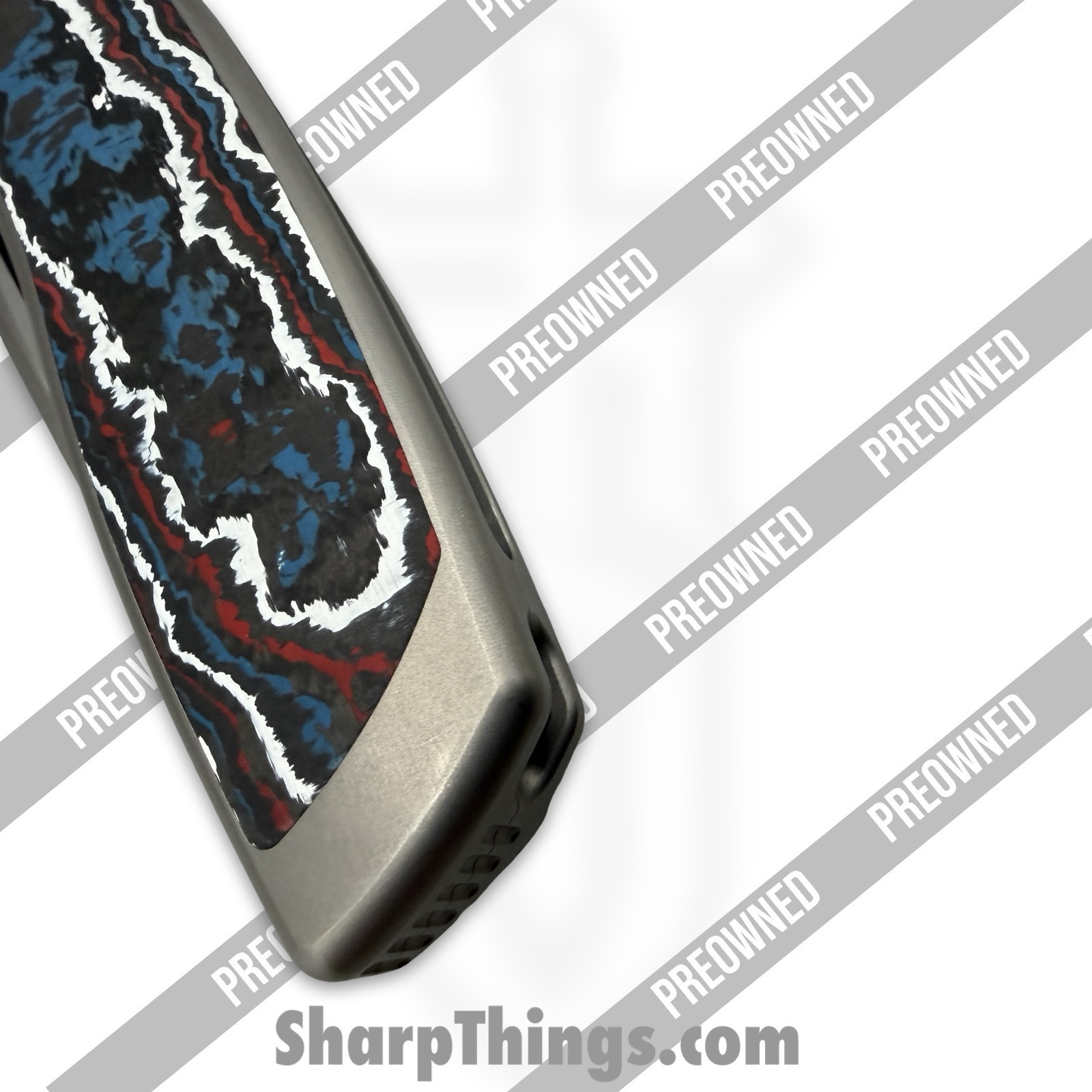 Sharp by Design - POSBD-335 - Preowned Mini Evo - Folding Knife - M390 Satin Drop Point - Titanium - Grey|Red|White|Blue - Image 5