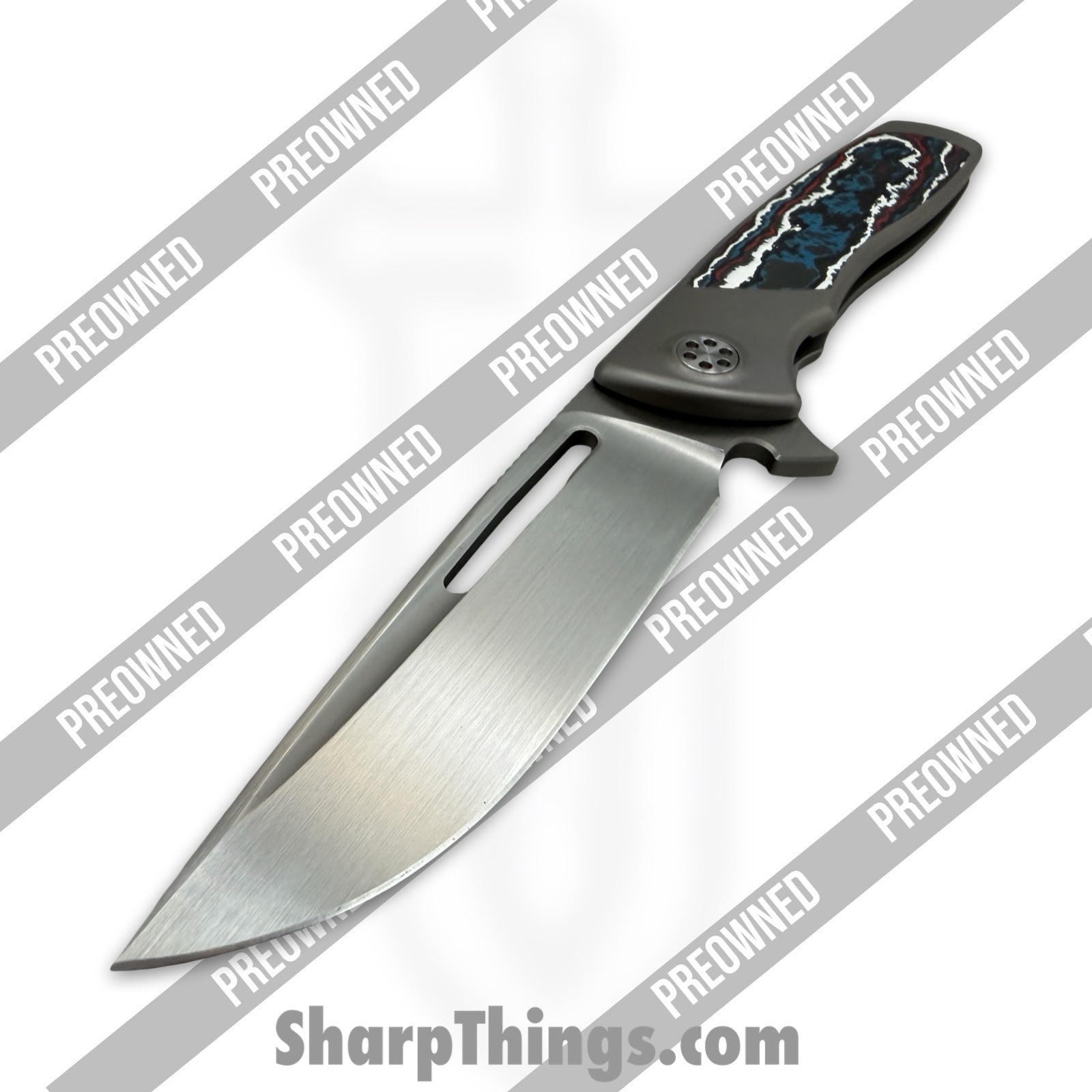 Sharp by Design - POSBD-335 - Preowned Mini Evo - Folding Knife - M390 Satin Drop Point - Titanium - Grey|Red|White|Blue - Image 9