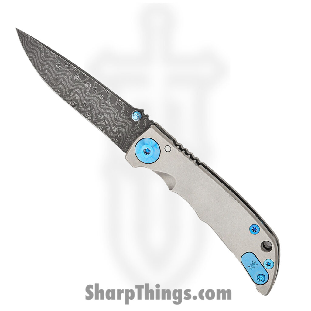 Spartan Blades – SF10DMBL – Harsey 3.25 – Folding Knife – Chad Nichols Damascus Acid Etched Drop Point – 6AI4V Titanium – Grey Blue